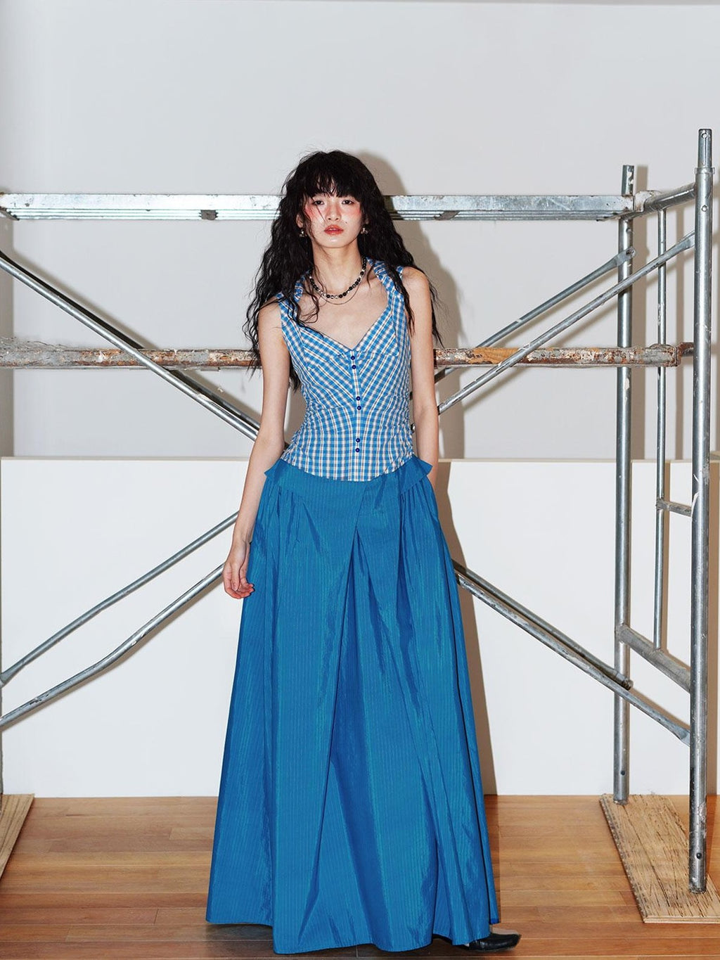 badtaste Plaid Colorblock Spliced Collared Faux Two Piece Women's Slip Maxi Dresses