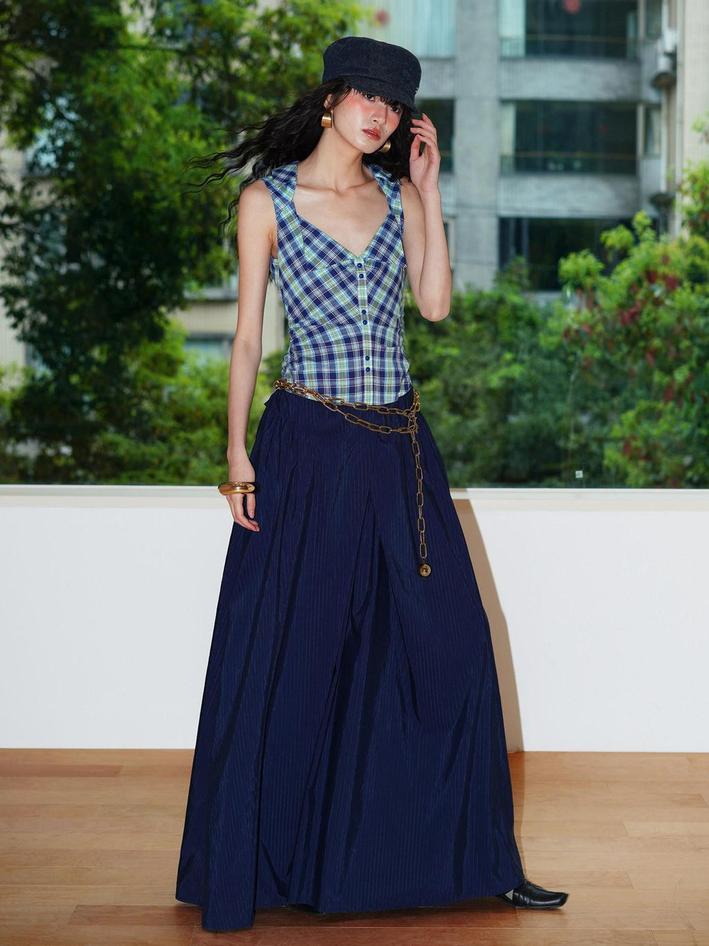badtaste Plaid Colorblock Spliced Collared Faux Two Piece Women's Slip Maxi Dresses