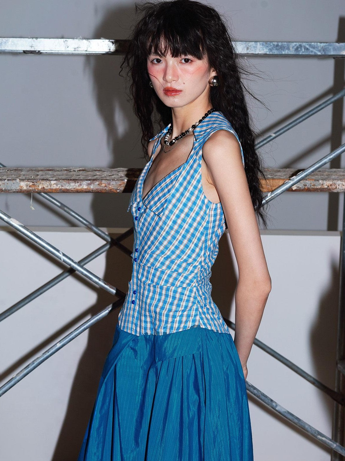 badtaste Plaid Colorblock Spliced Collared Faux Two Piece Women's Slip Maxi Dresses