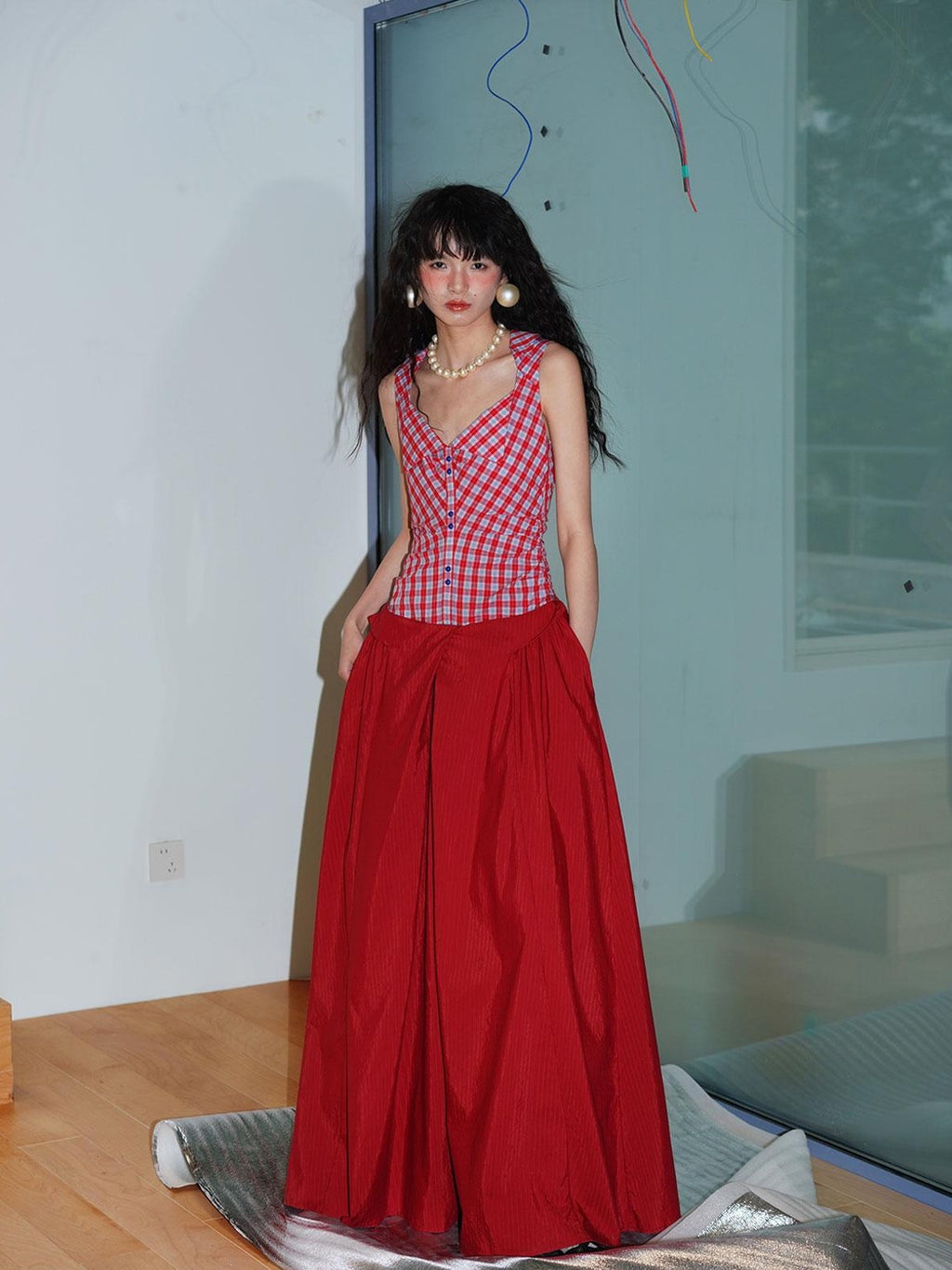 badtaste Plaid Colorblock Spliced Collared Faux Two Piece Women's Slip Maxi Dresses
