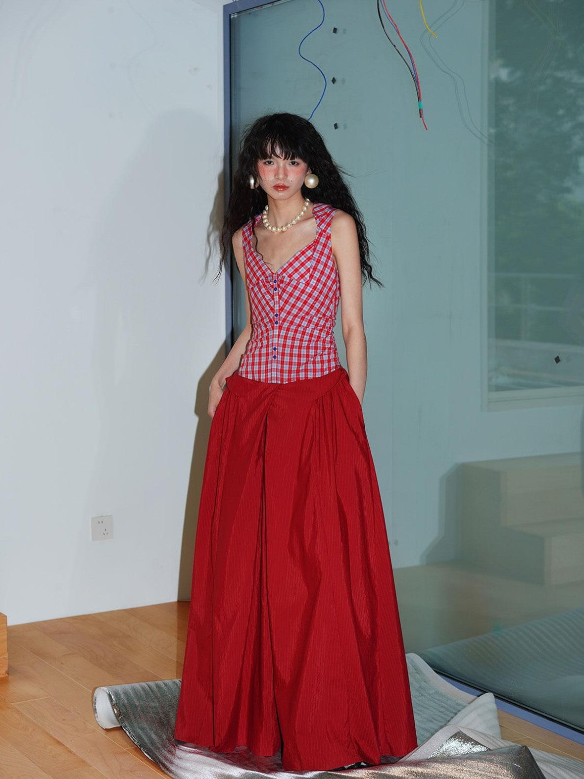 badtaste Plaid Colorblock Spliced Collared Faux Two Piece Women's Slip Maxi Dresses