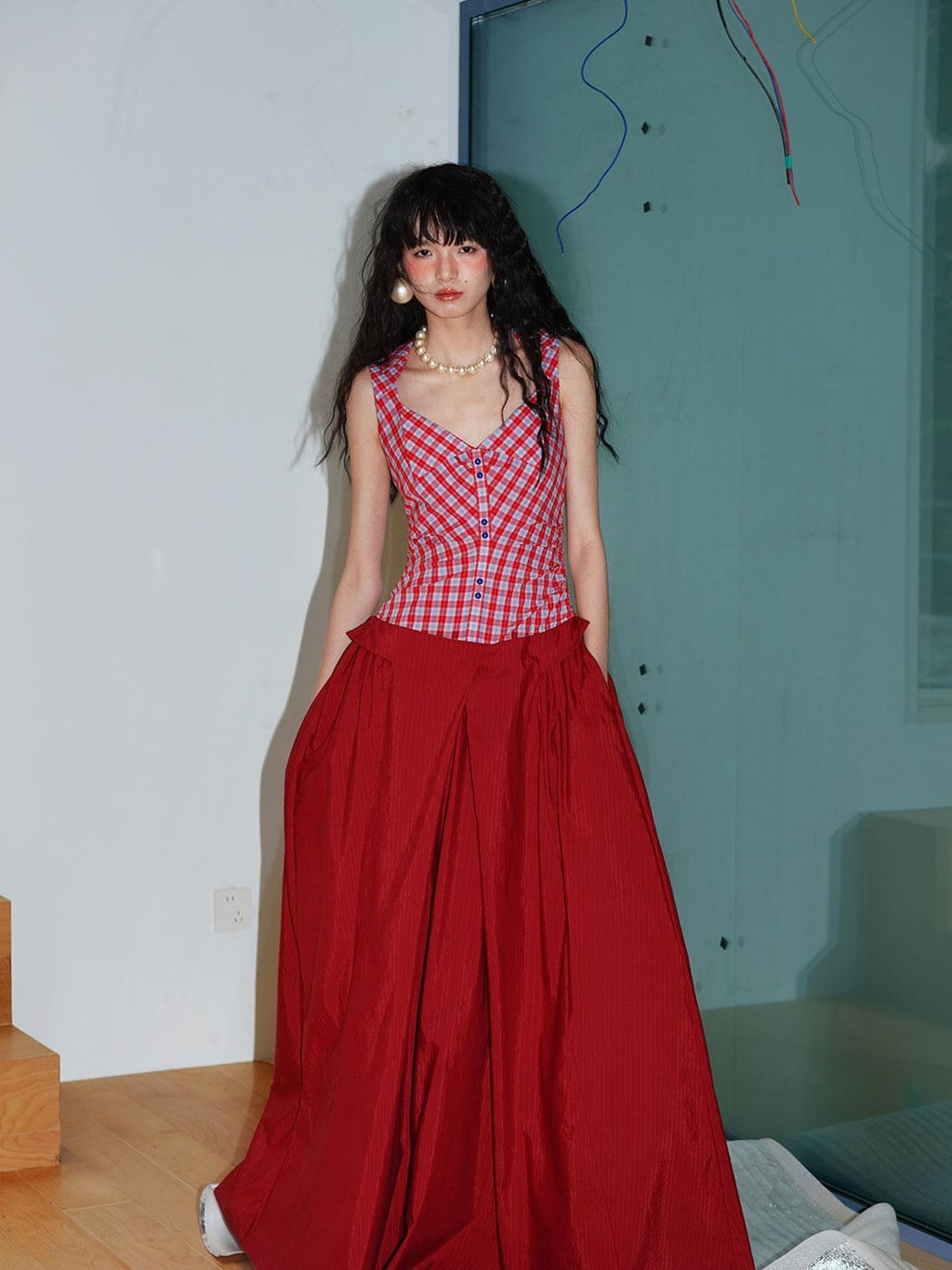 badtaste Plaid Colorblock Spliced Collared Faux Two Piece Women's Slip Maxi Dresses