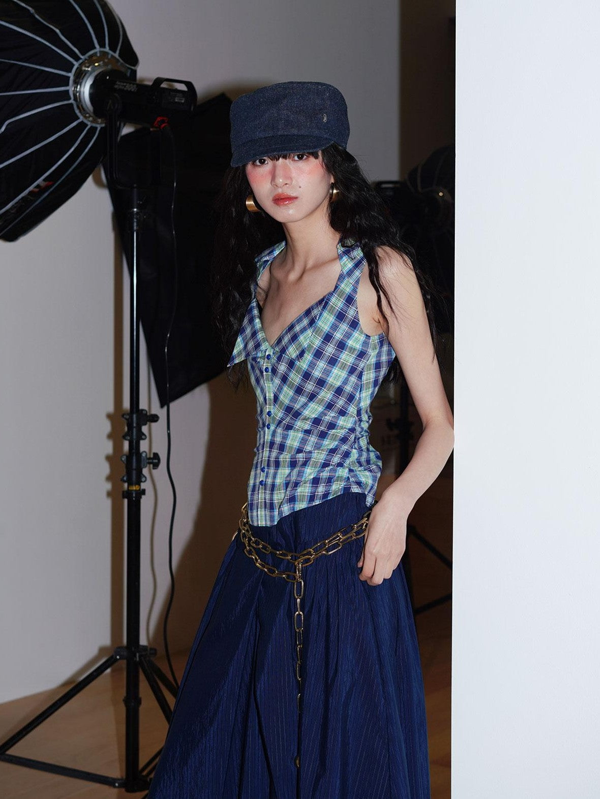 badtaste Plaid Colorblock Spliced Collared Faux Two Piece Women's Slip Maxi Dresses