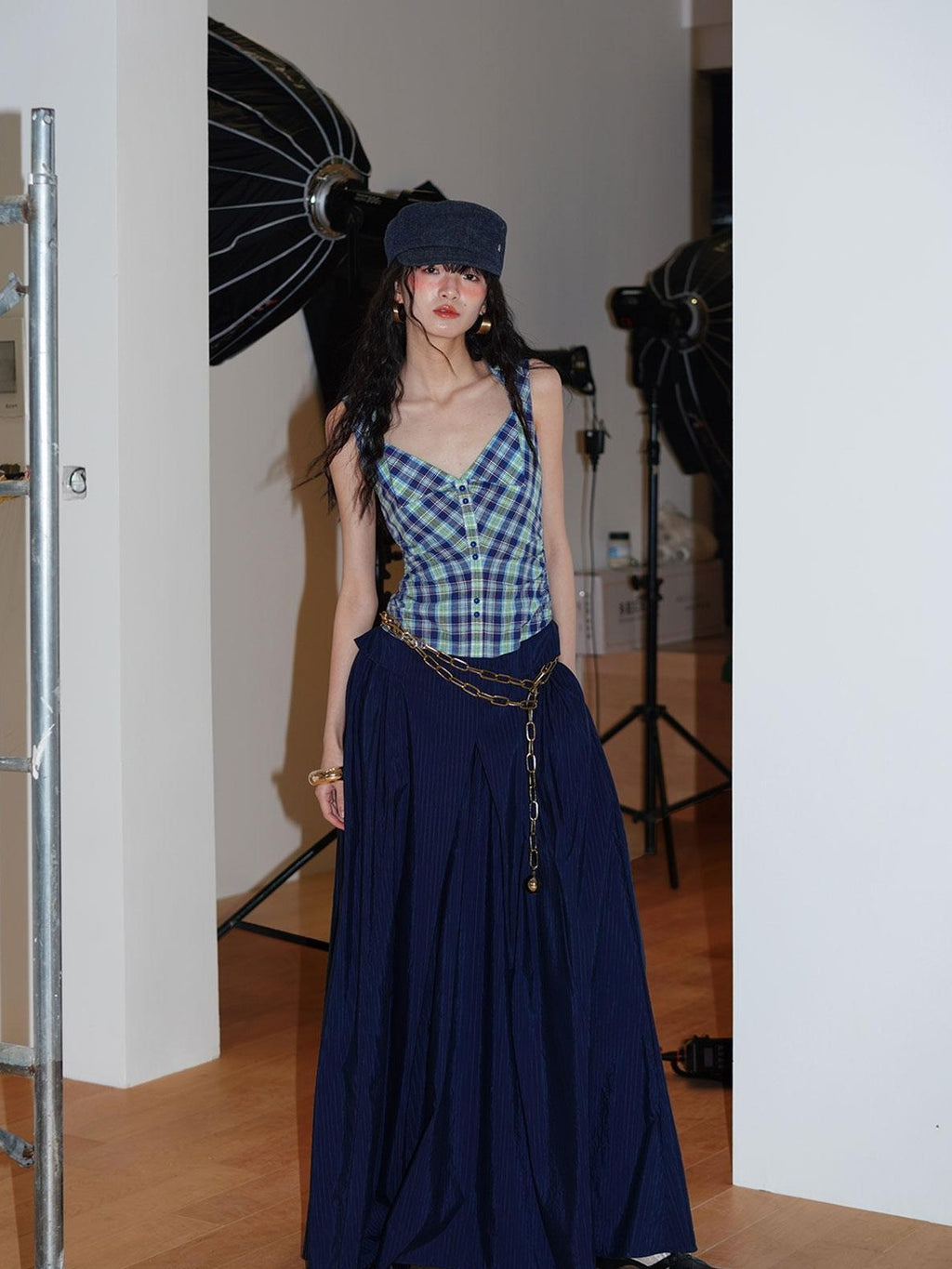 badtaste Plaid Colorblock Spliced Collared Faux Two Piece Women's Slip Maxi Dresses