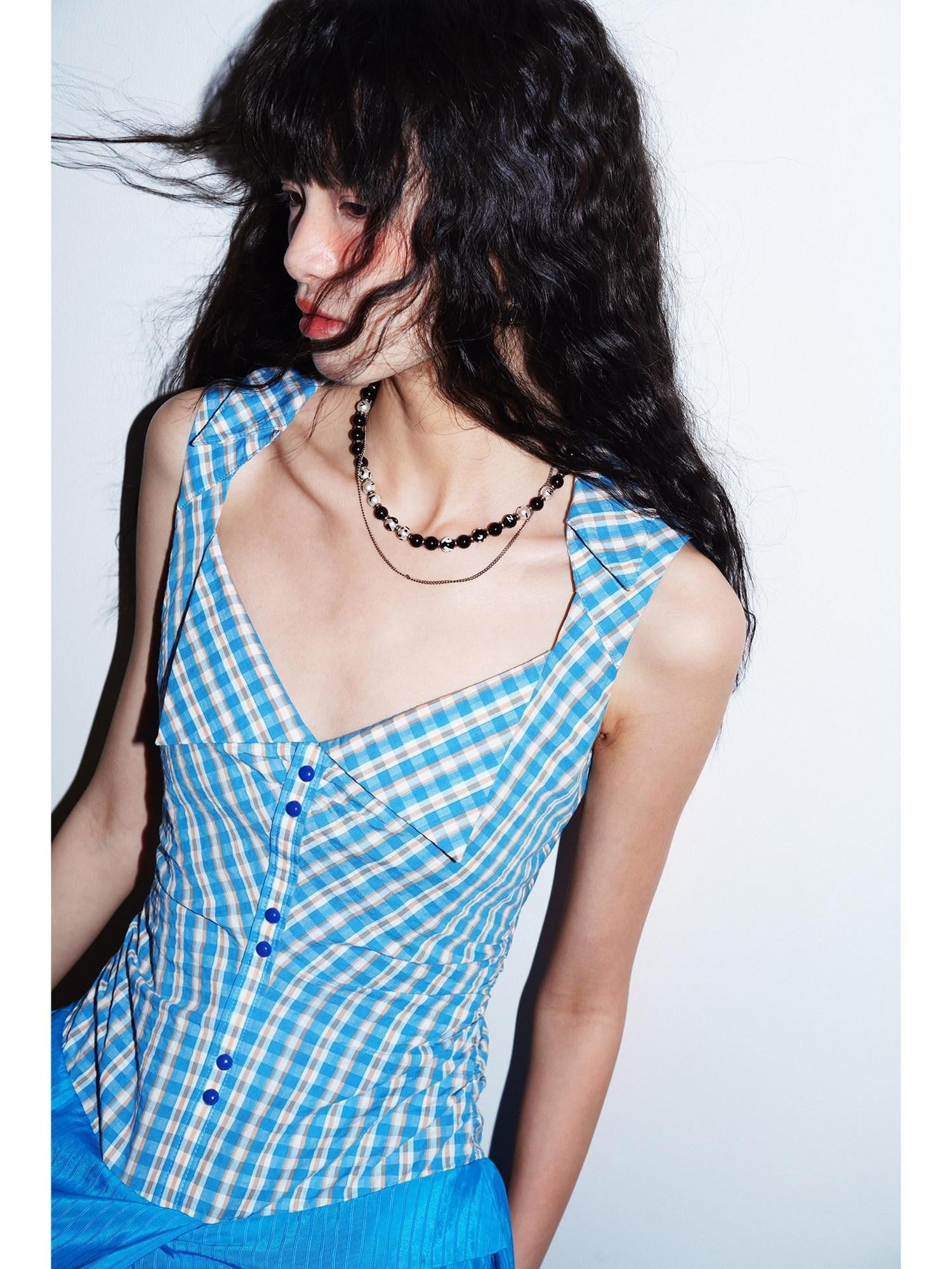 badtaste Plaid Colorblock Spliced Collared Faux Two Piece Women's Slip Maxi Dresses