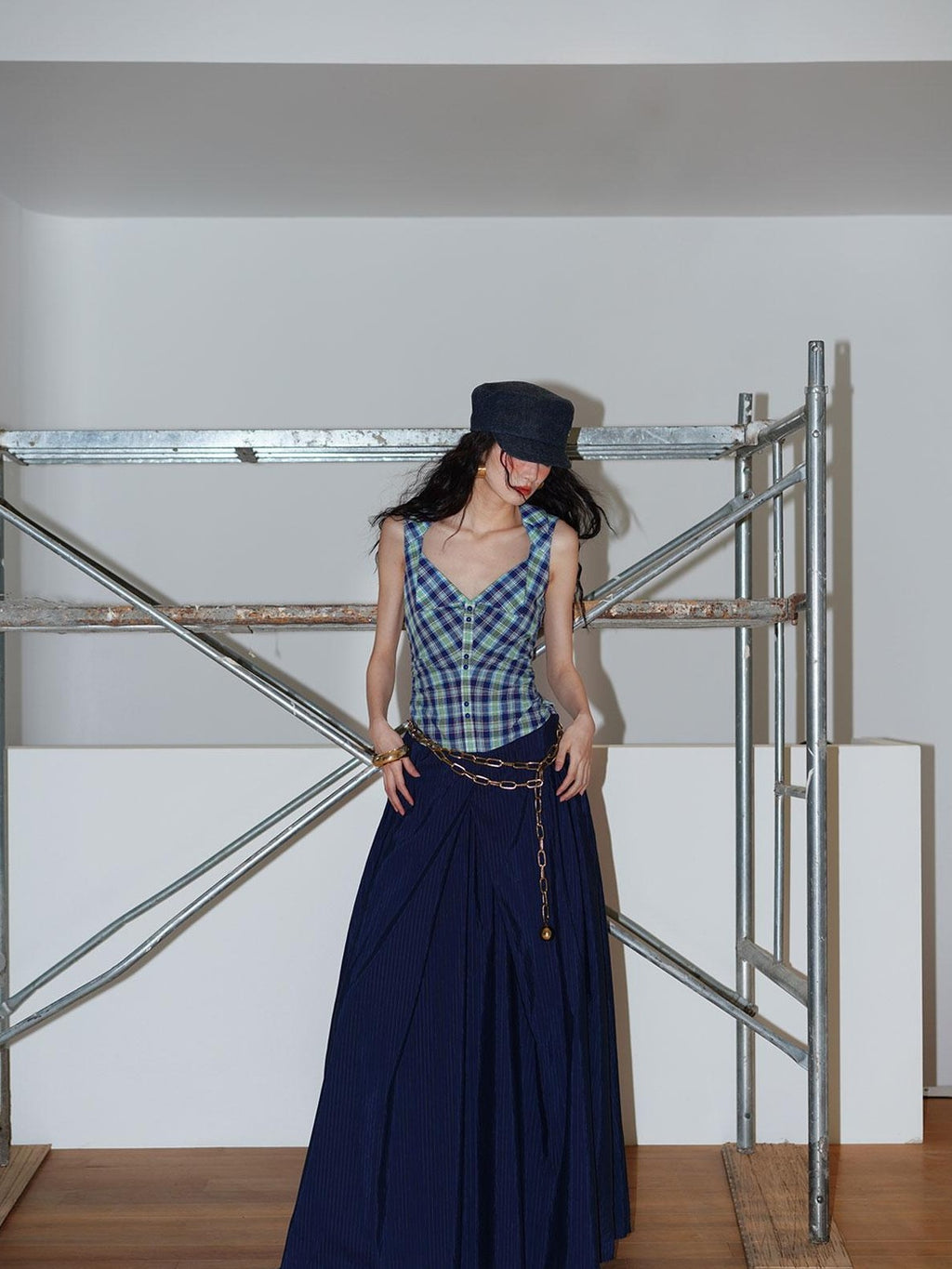 badtaste Plaid Colorblock Spliced Collared Faux Two Piece Women's Slip Maxi Dresses