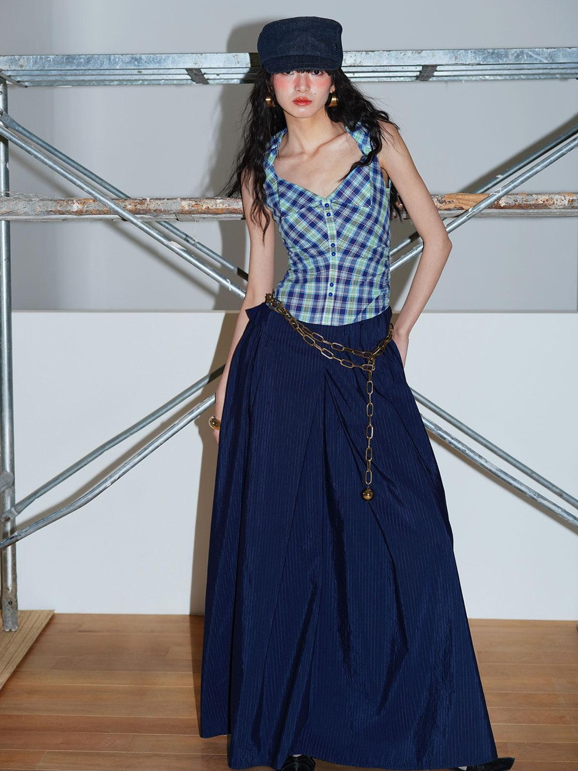 badtaste Plaid Colorblock Spliced Collared Faux Two Piece Women's Slip Maxi Dresses