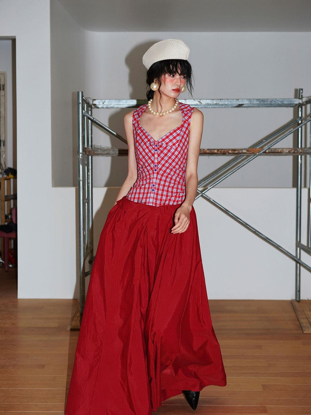badtaste Plaid Colorblock Spliced Collared Faux Two Piece Women's Slip Maxi Dresses