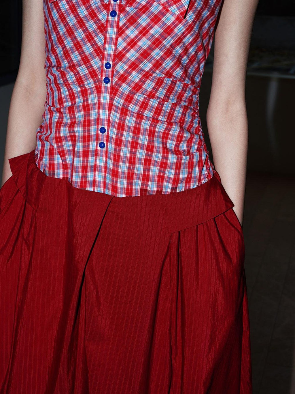 badtaste Plaid Colorblock Spliced Collared Faux Two Piece Women's Slip Maxi Dresses