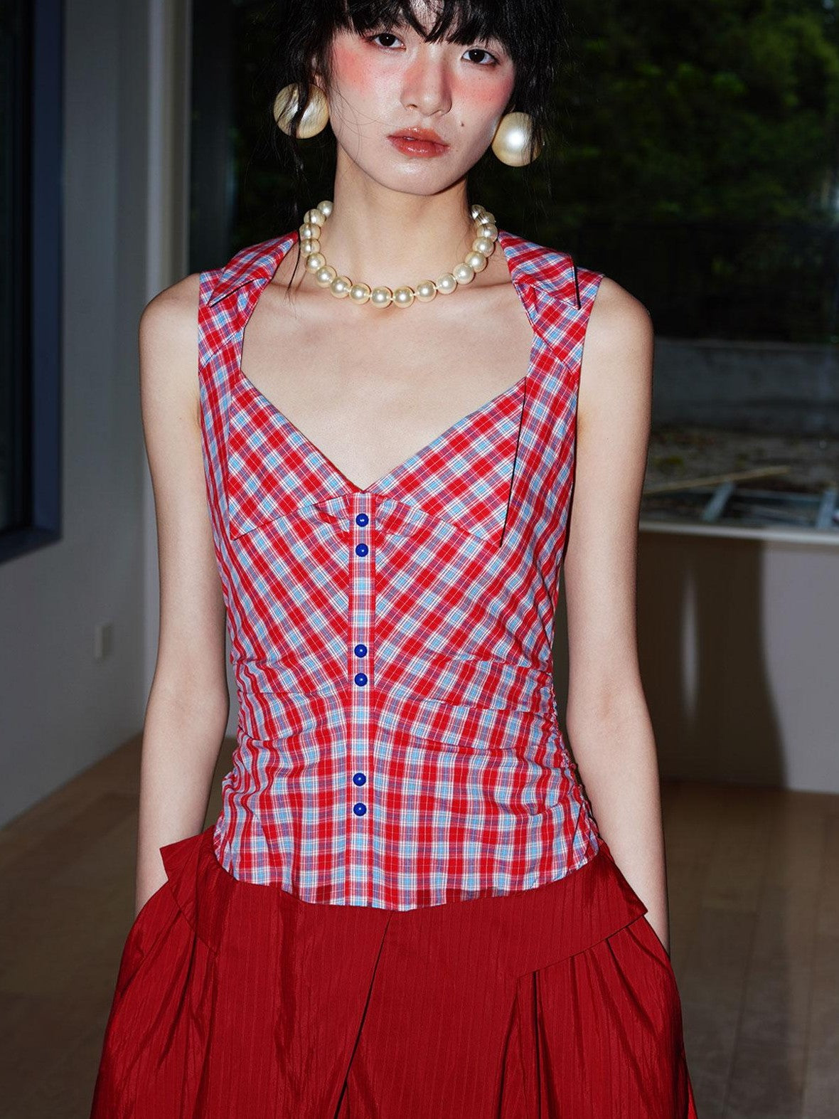 badtaste Plaid Colorblock Spliced Collared Faux Two Piece Women's Slip Maxi Dresses
