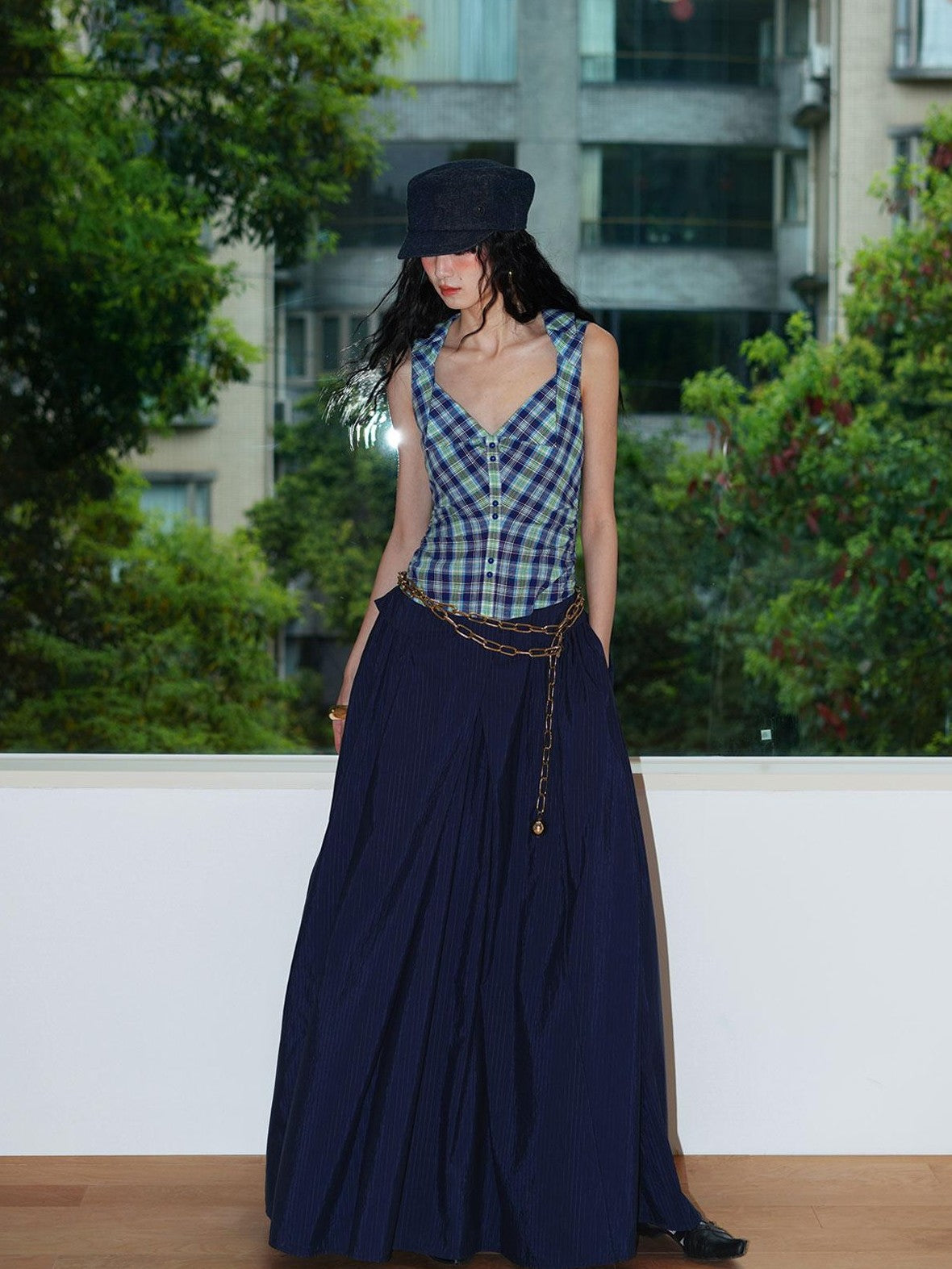 badtaste Plaid Colorblock Spliced Collared Faux Two Piece Women's Slip Maxi Dresses