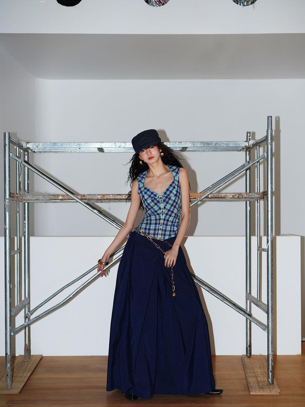 badtaste Plaid Colorblock Spliced Collared Faux Two Piece Women's Slip Maxi Dresses