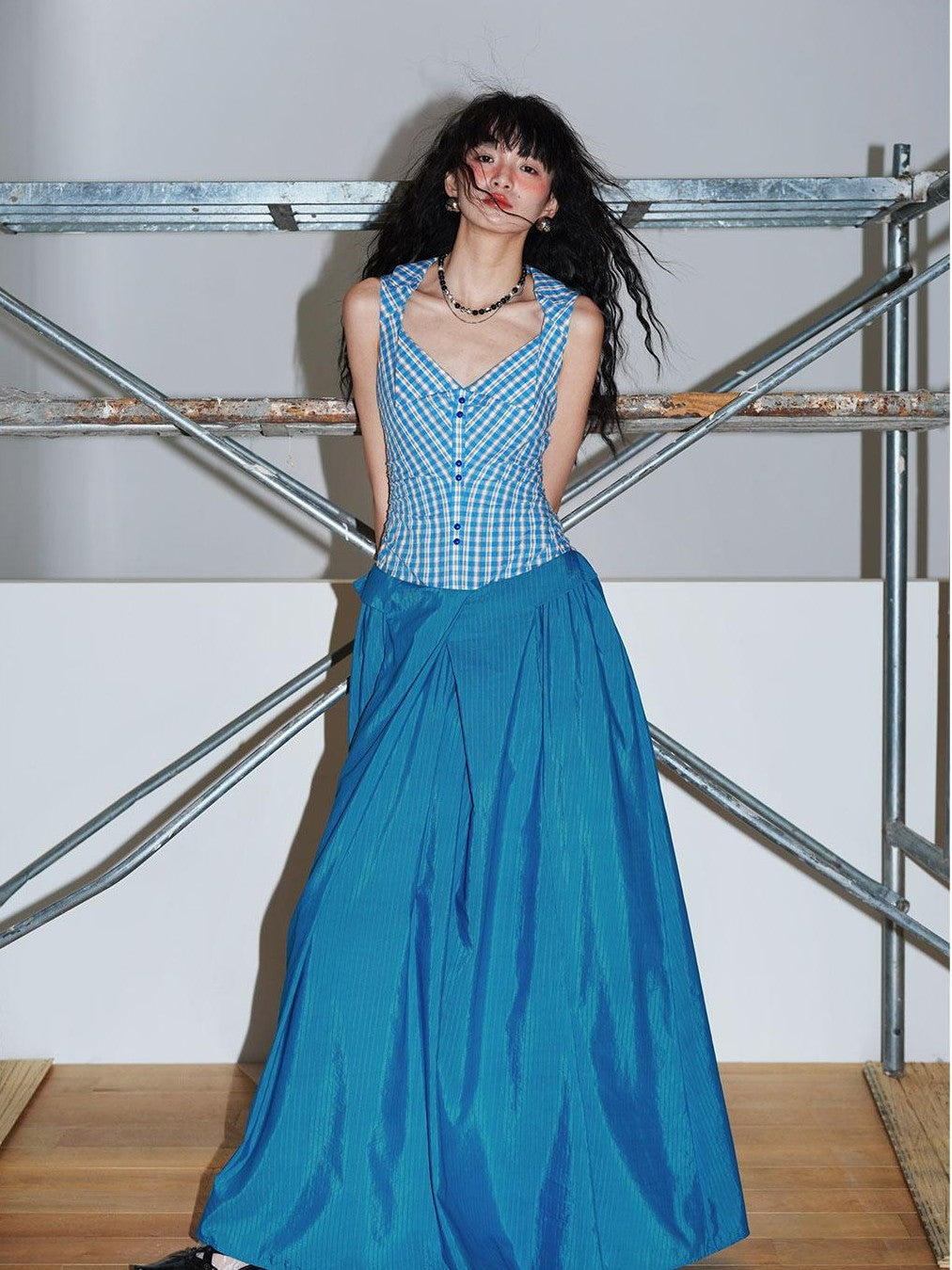 badtaste Plaid Colorblock Spliced Collared Faux Two Piece Women's Slip Maxi Dresses