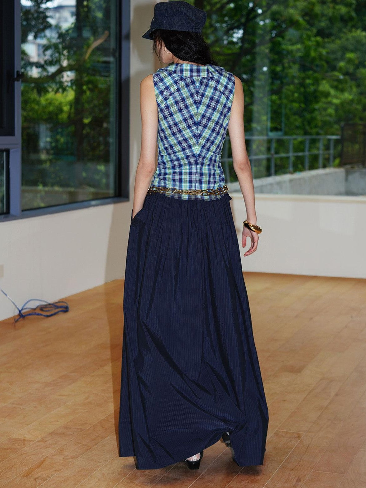 badtaste Plaid Colorblock Spliced Collared Faux Two Piece Women's Slip Maxi Dresses