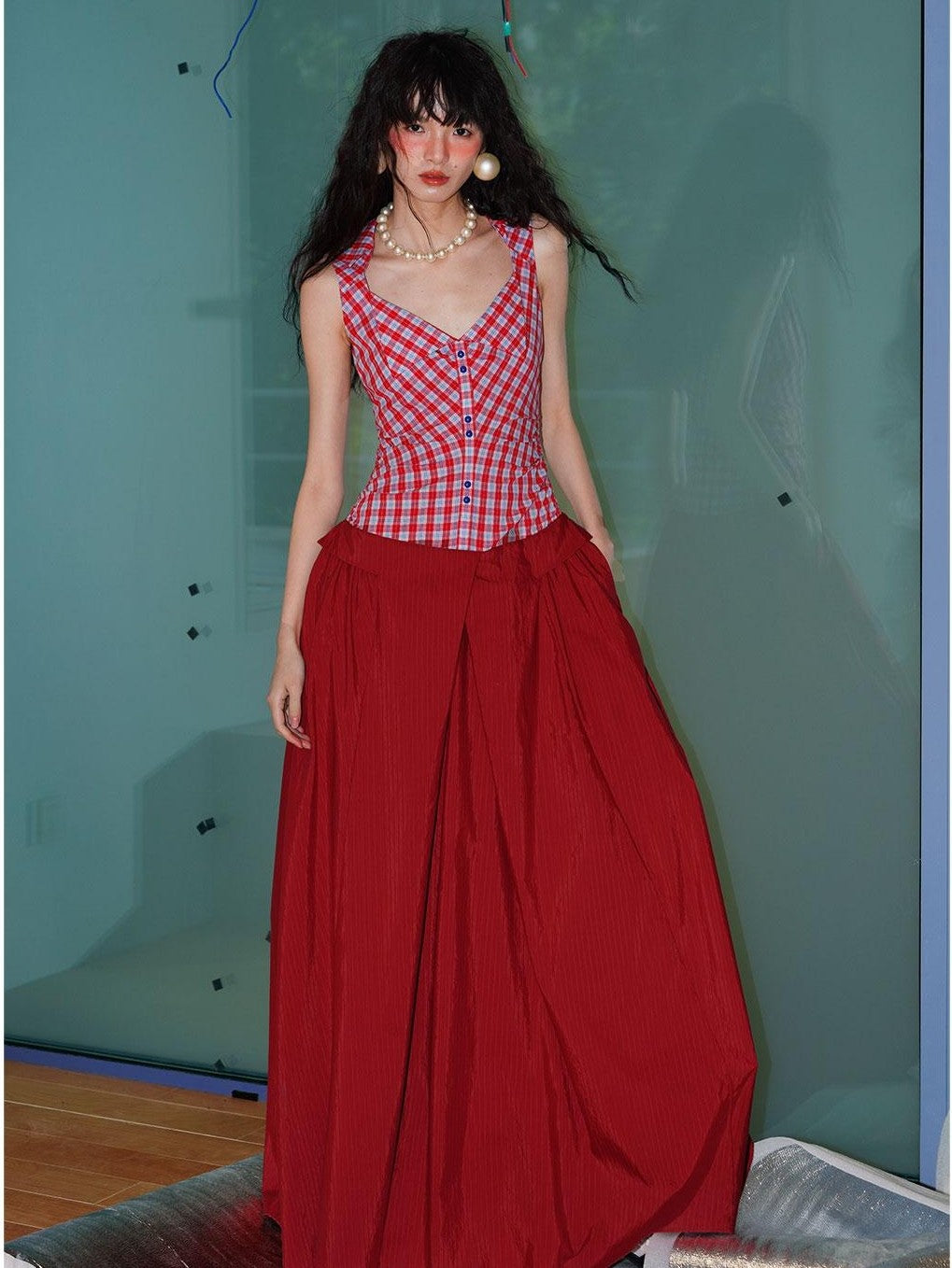 badtaste Plaid Colorblock Spliced Collared Faux Two Piece Women's Slip Maxi Dresses