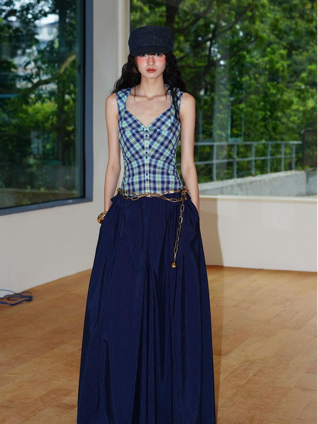 badtaste Plaid Colorblock Spliced Collared Faux Two Piece Women's Slip Maxi Dresses