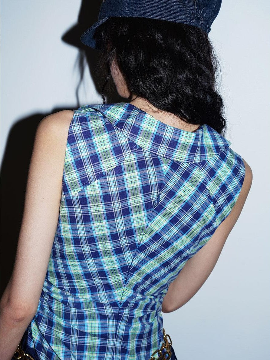 badtaste Plaid Colorblock Spliced Collared Faux Two Piece Women's Slip Maxi Dresses