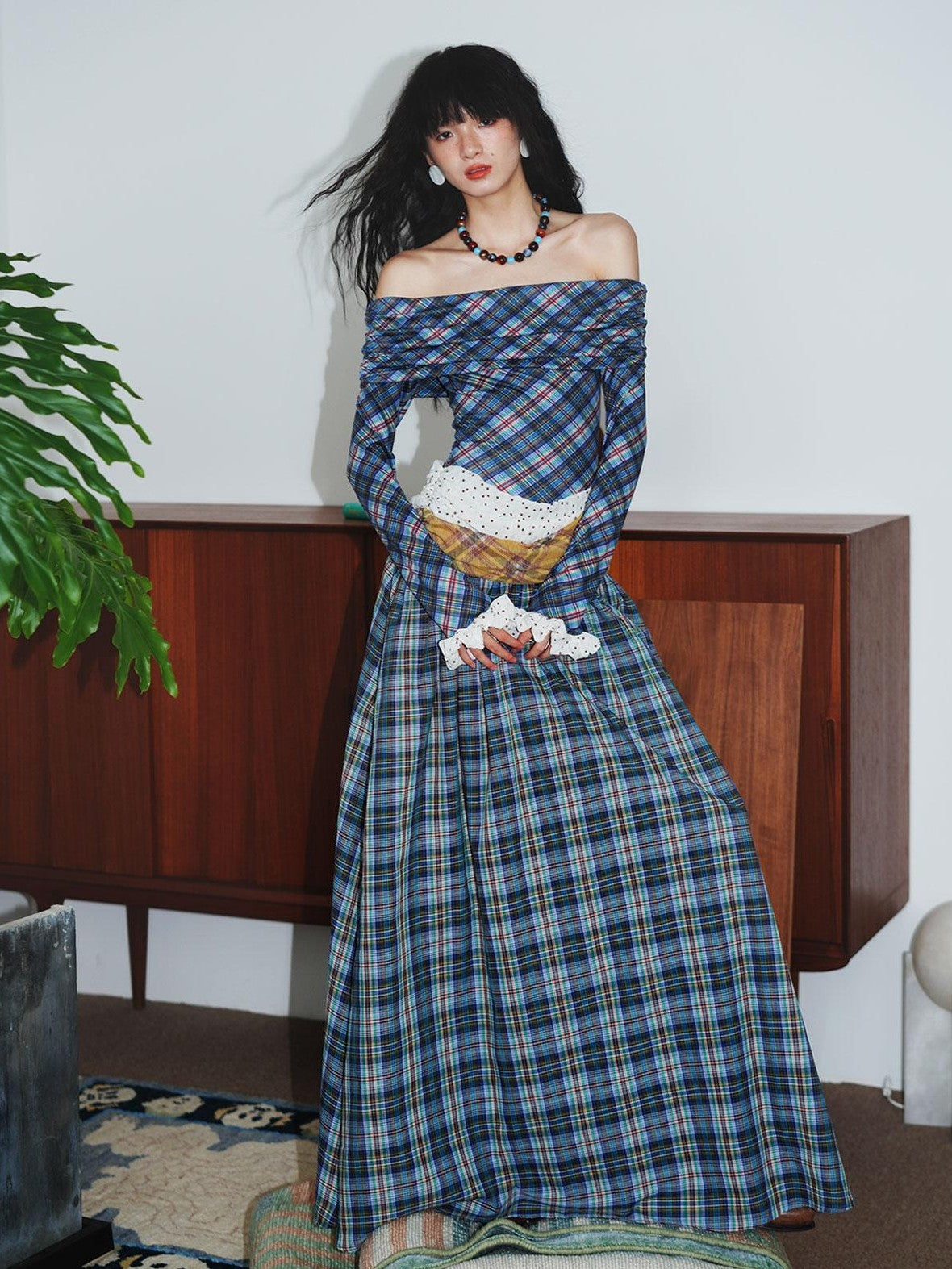 badtaste Plaid Colorblock Vintage Off Shoulder Long Sleeve Women's Strapless Maxi Dresses