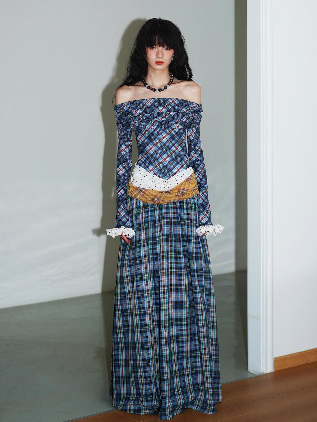 badtaste Plaid Colorblock Vintage Off Shoulder Long Sleeve Women's Strapless Maxi Dresses