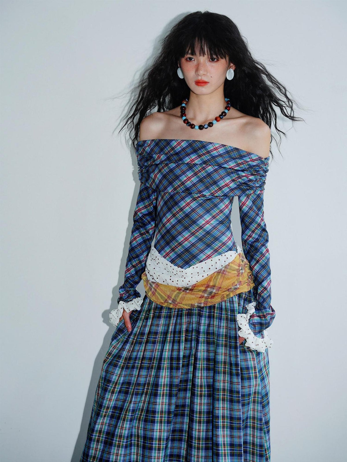 badtaste Plaid Colorblock Vintage Off Shoulder Long Sleeve Women's Strapless Maxi Dresses