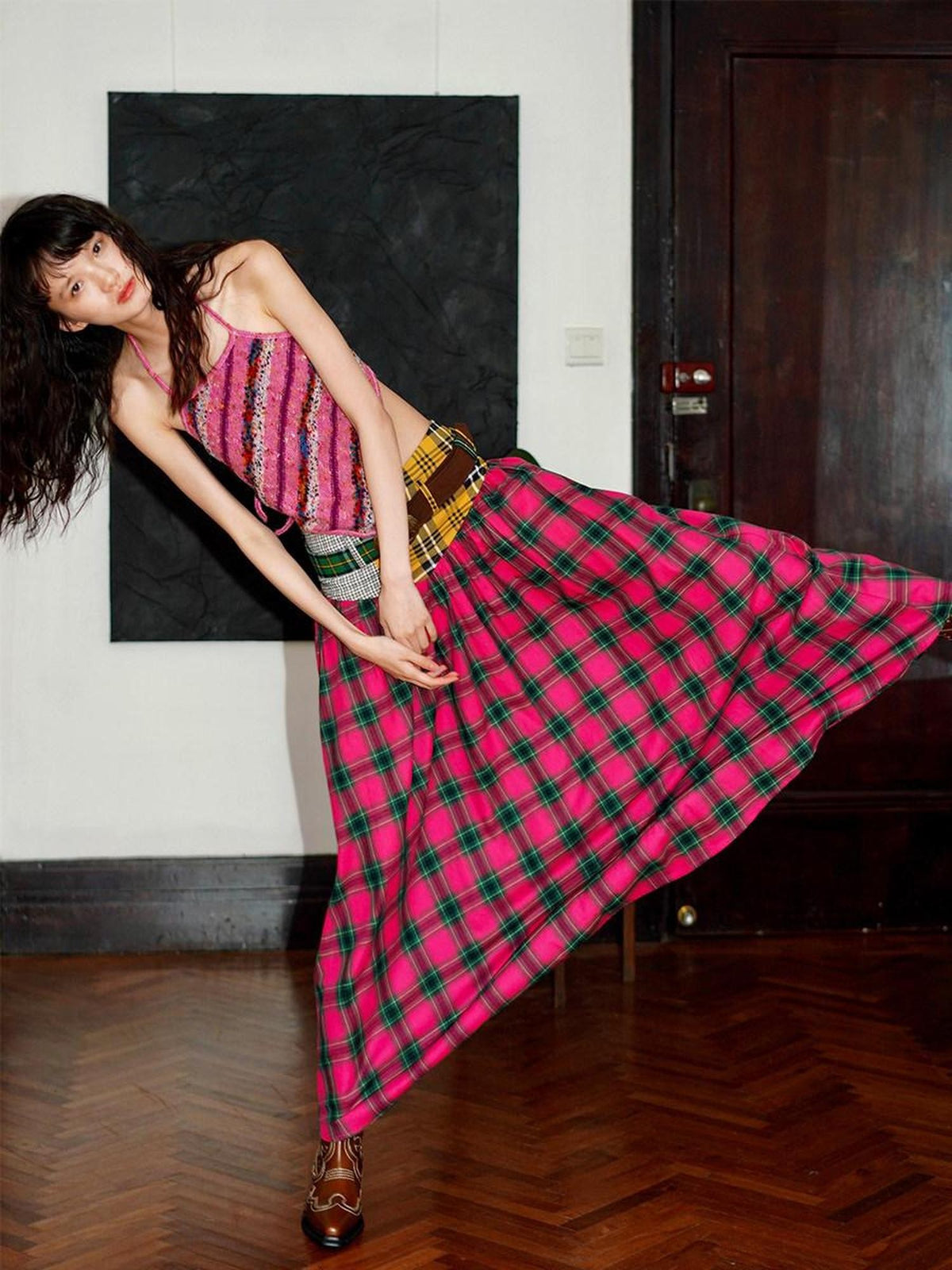 badtaste Plaid Patchwork Colorblock Vintage Fishtail Belted Women's Maxi Skirts
