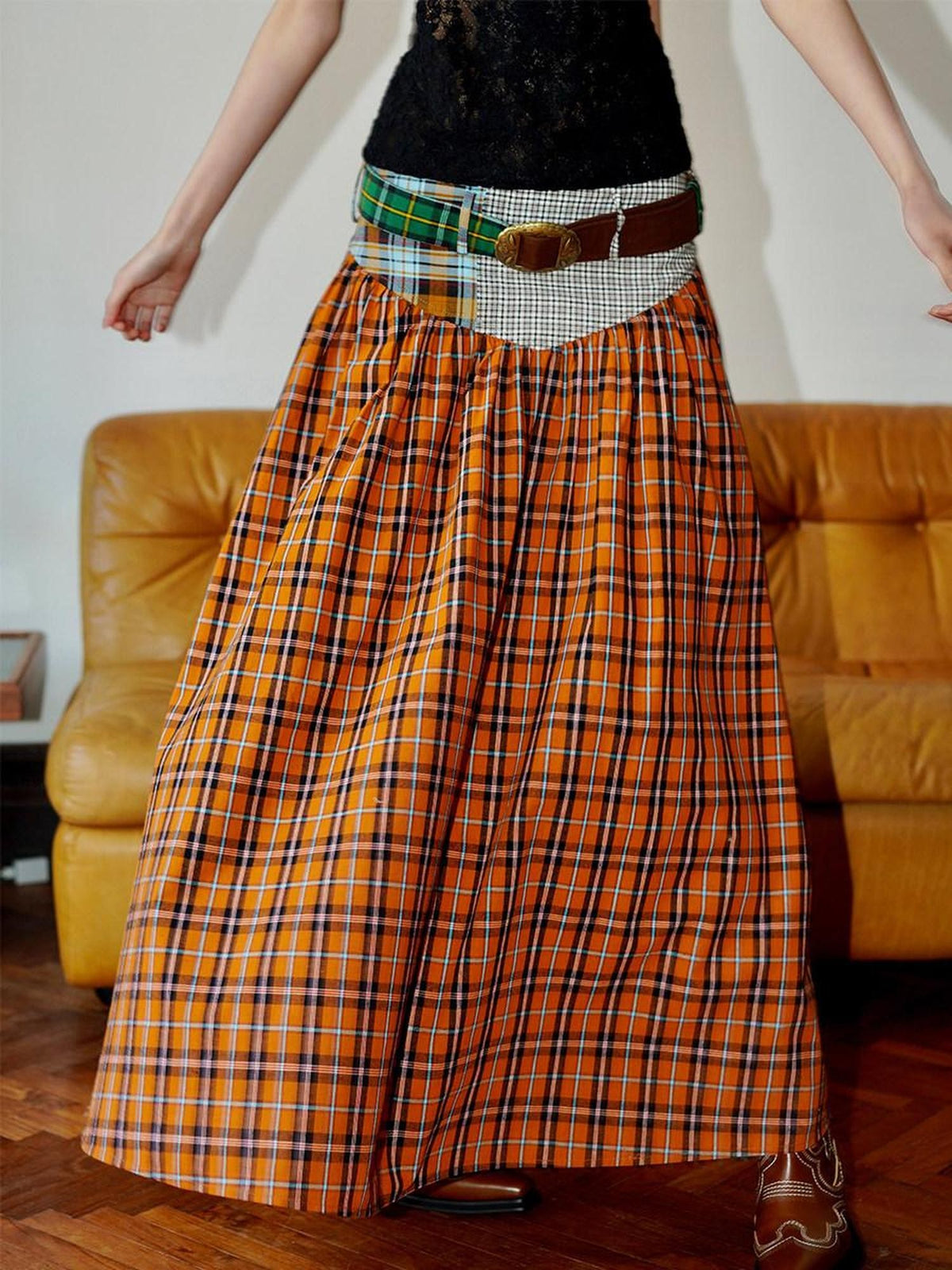 badtaste Plaid Patchwork Colorblock Vintage Fishtail Belted Women's Maxi Skirts