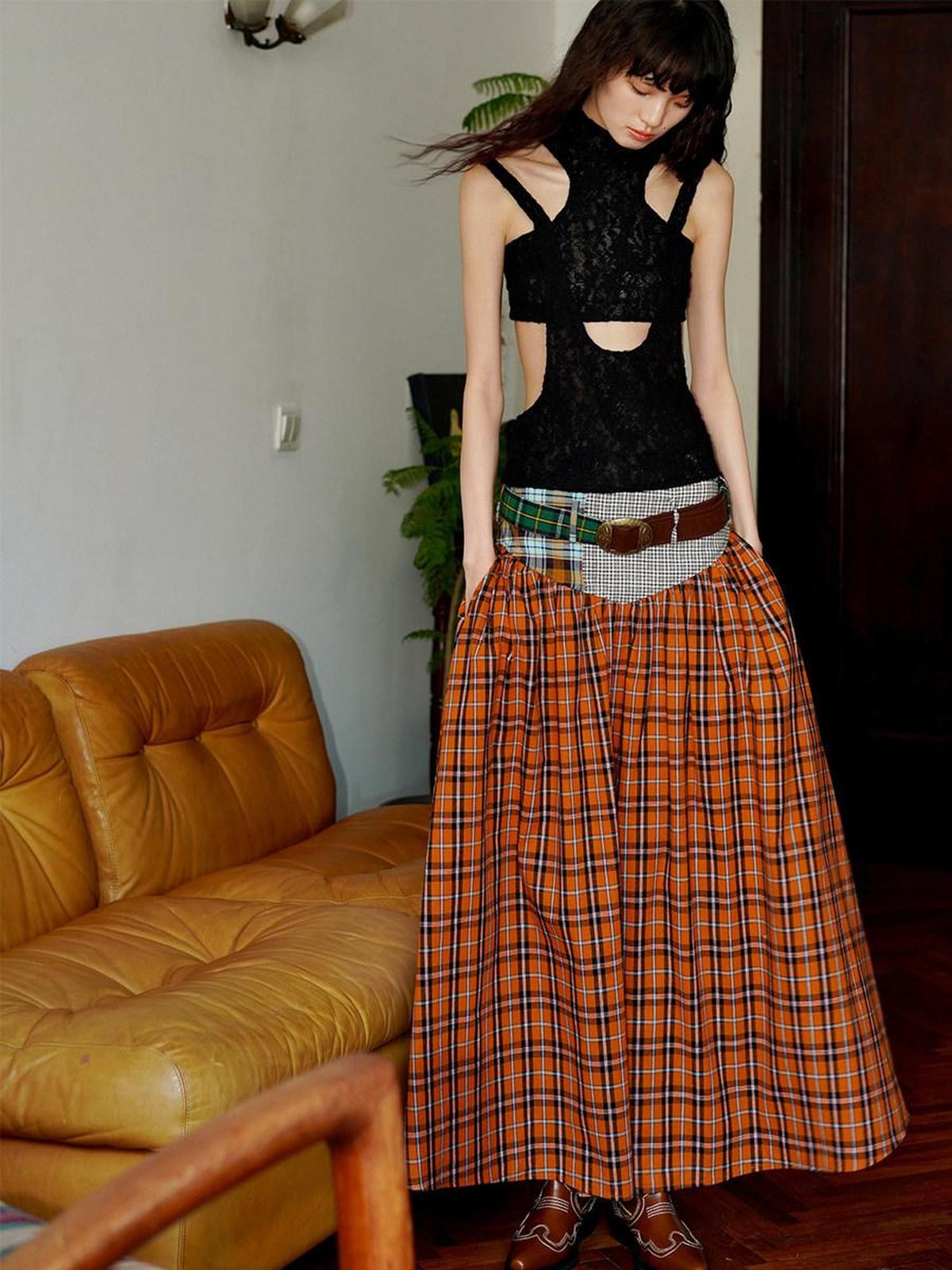 badtaste Plaid Patchwork Colorblock Vintage Fishtail Belted Women's Maxi Skirts