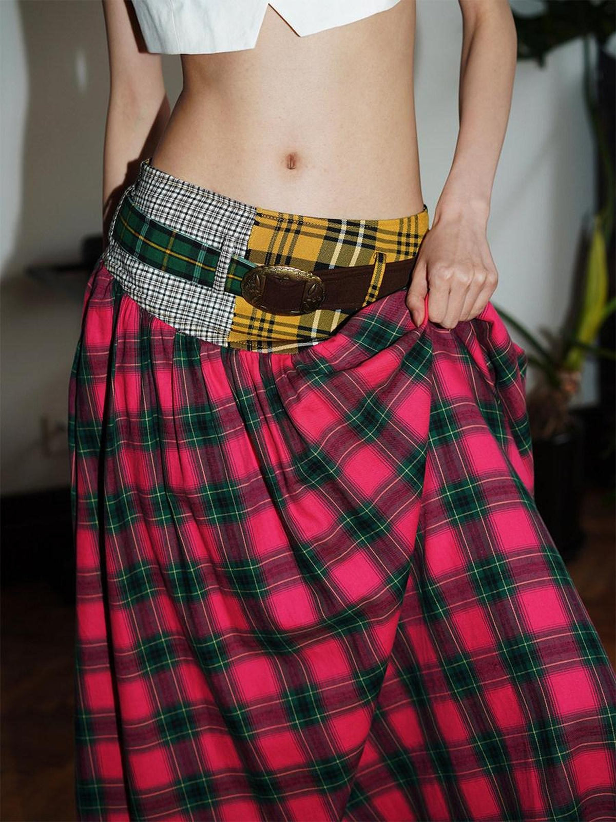 badtaste Plaid Patchwork Colorblock Vintage Fishtail Belted Women's Maxi Skirts