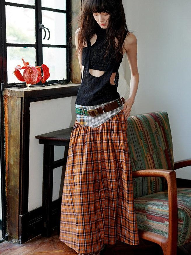 badtaste Plaid Patchwork Colorblock Vintage Fishtail Belted Women's Maxi Skirts