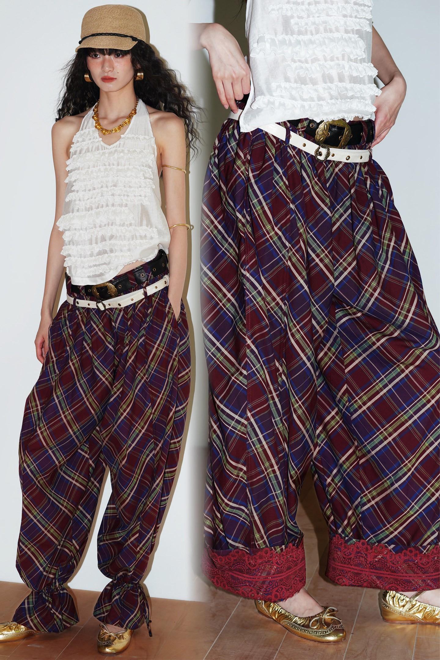 badtaste_Plaid_Vintage_Balloon_Cuffed_Low_Waist_Women's_Cotton_Wide-leg_Pants_1047009812926_MISSTT