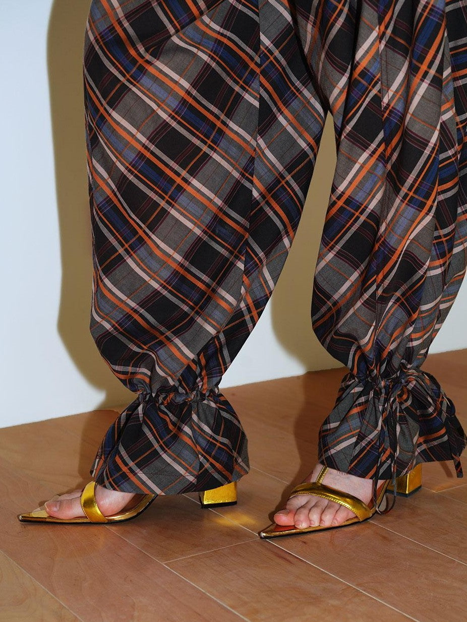 badtaste Plaid Vintage Balloon Cuffed Low Waist Women's Cotton Wide-leg Pants