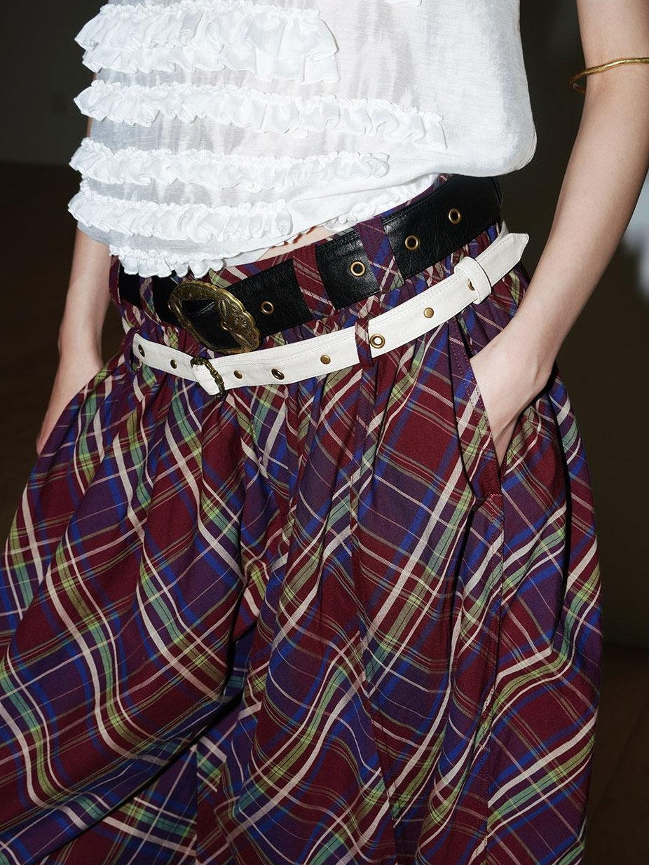 badtaste Plaid Vintage Balloon Cuffed Low Waist Women's Cotton Wide-leg Pants
