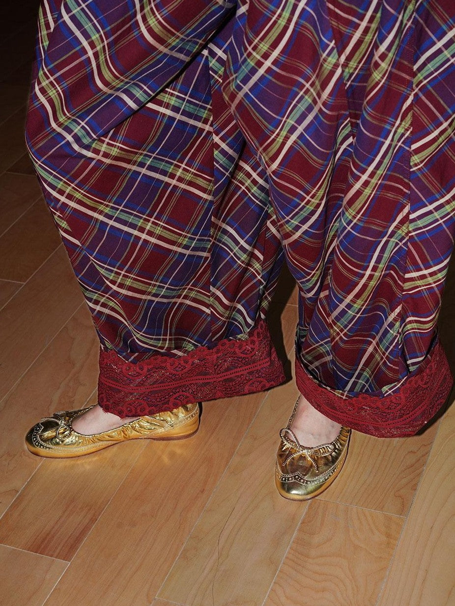badtaste Plaid Vintage Balloon Cuffed Low Waist Women's Cotton Wide-leg Pants