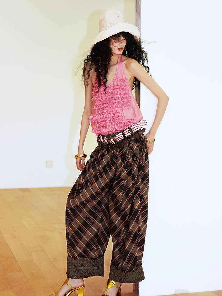 badtaste Plaid Vintage Balloon Cuffed Low Waist Women's Cotton Wide-leg Pants