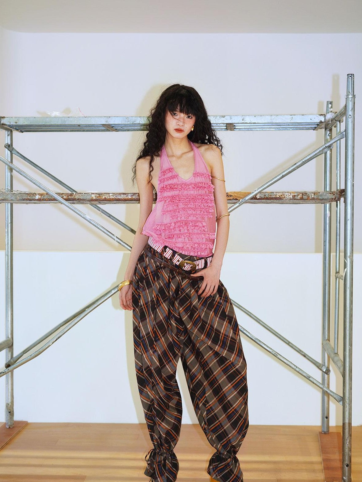 badtaste Plaid Vintage Balloon Cuffed Low Waist Women's Cotton Wide-leg Pants