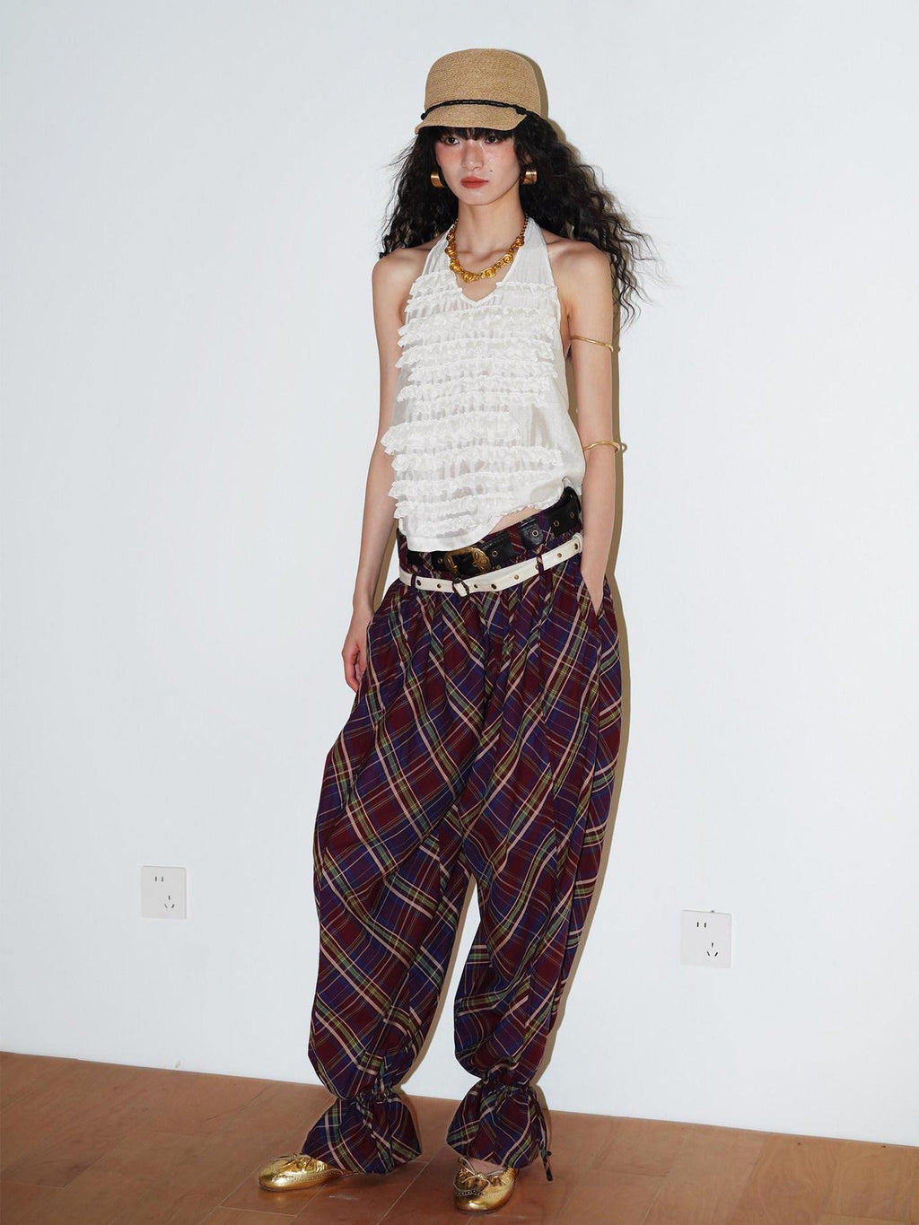 badtaste Plaid Vintage Balloon Cuffed Low Waist Women's Cotton Wide-leg Pants