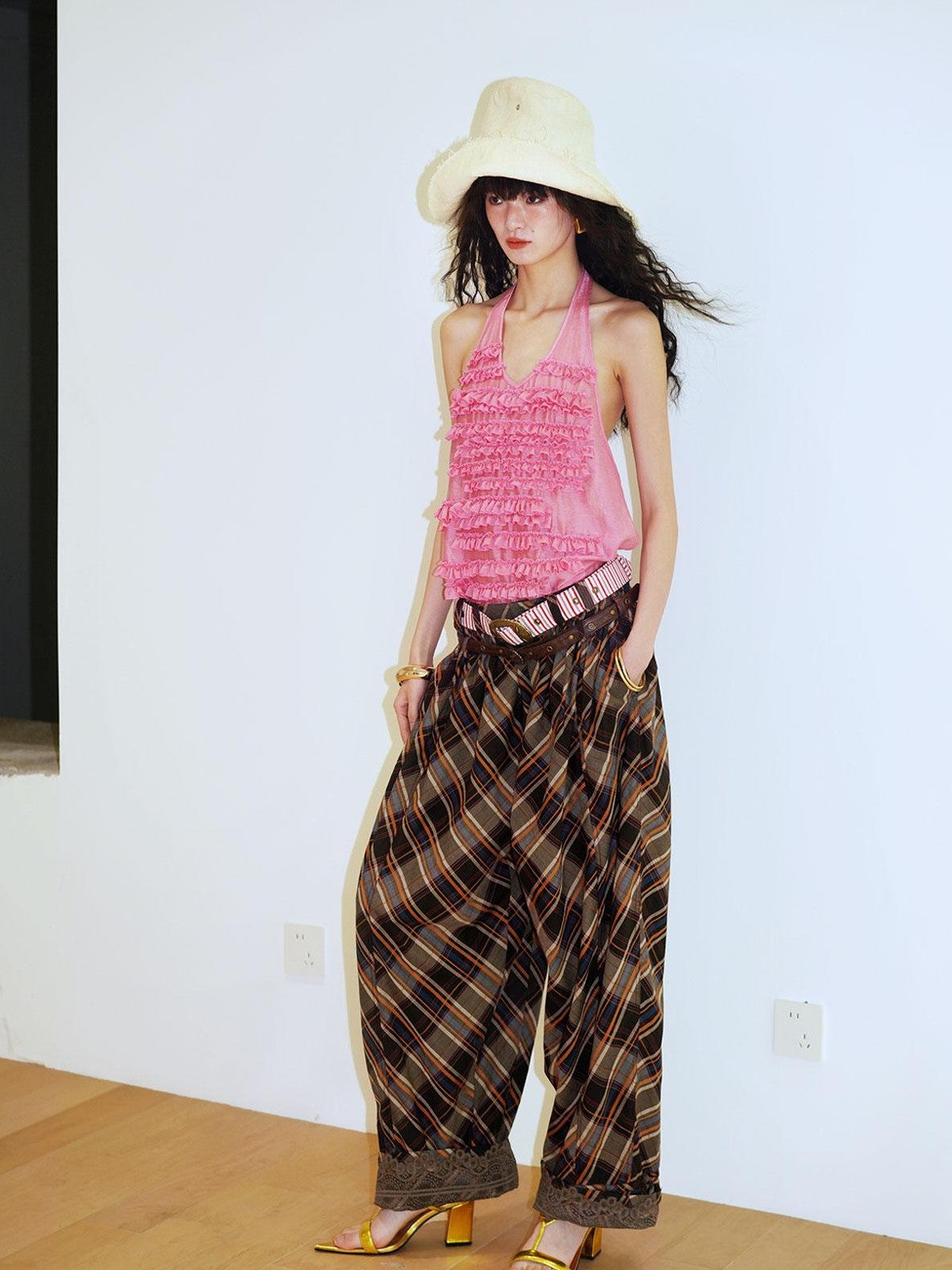 badtaste Plaid Vintage Balloon Cuffed Low Waist Women's Cotton Wide-leg Pants