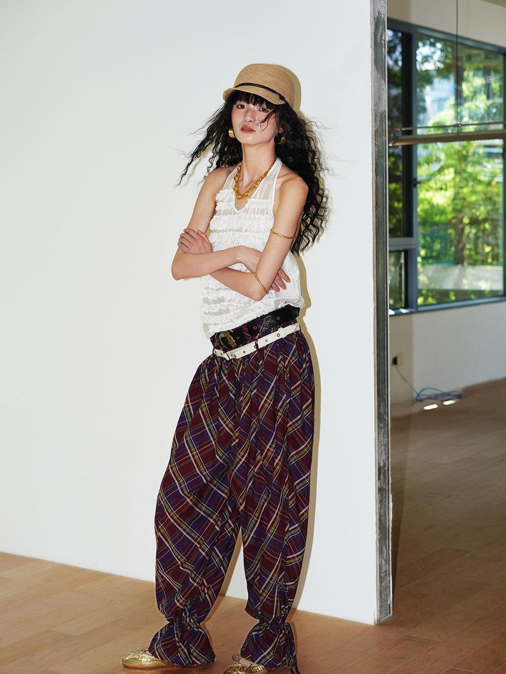 badtaste Plaid Vintage Balloon Cuffed Low Waist Women's Cotton Wide-leg Pants