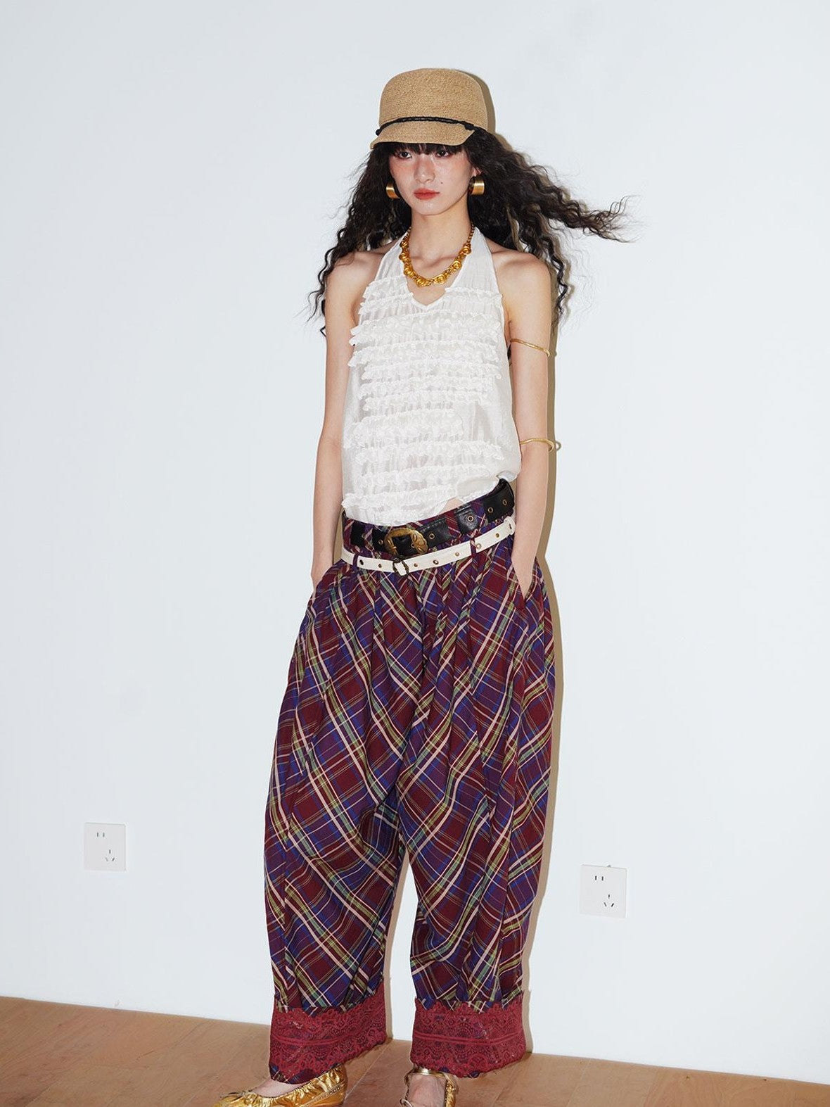 badtaste Plaid Vintage Balloon Cuffed Low Waist Women's Cotton Wide-leg Pants