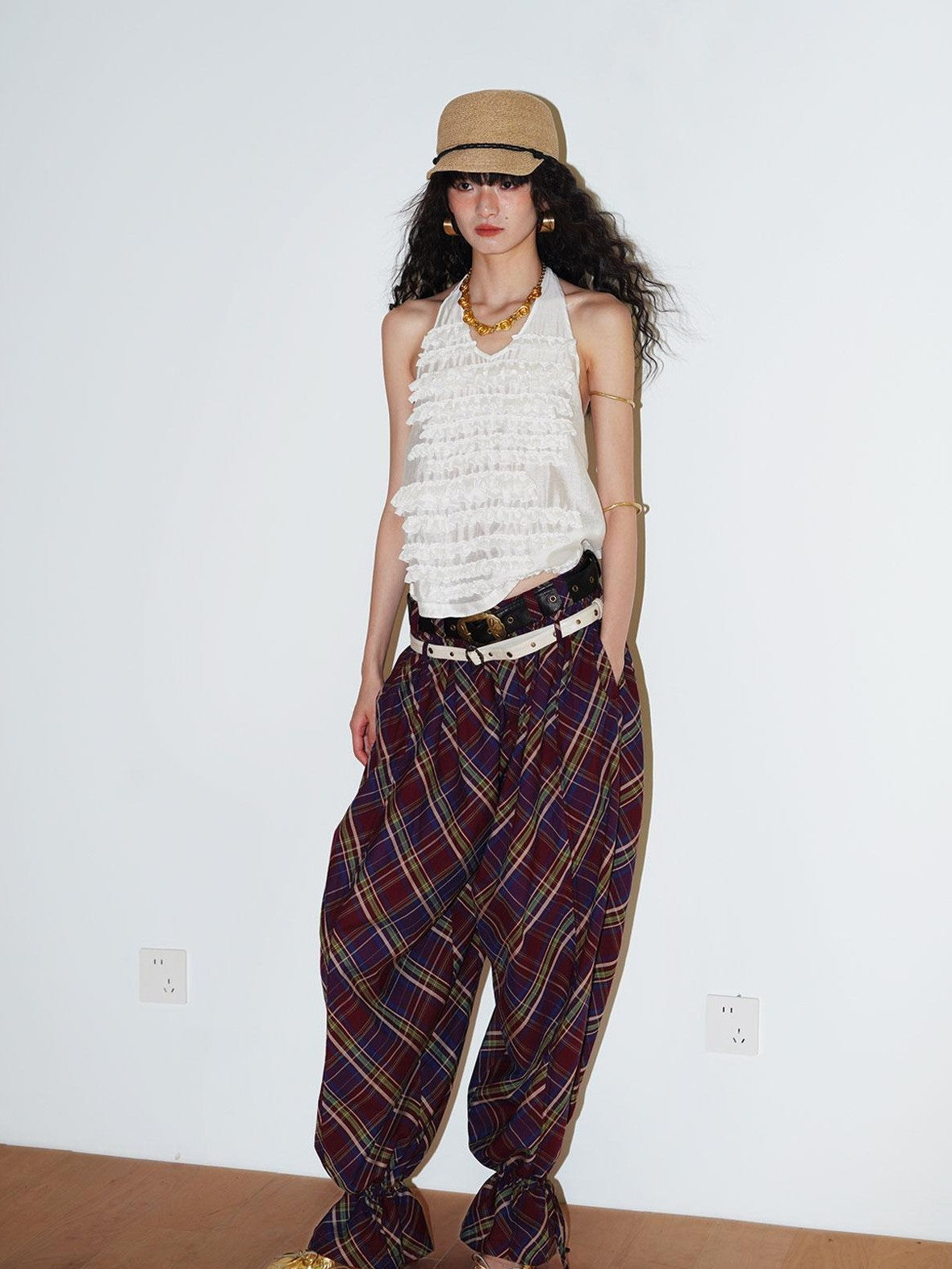 badtaste Plaid Vintage Balloon Cuffed Low Waist Women's Cotton Wide-leg Pants
