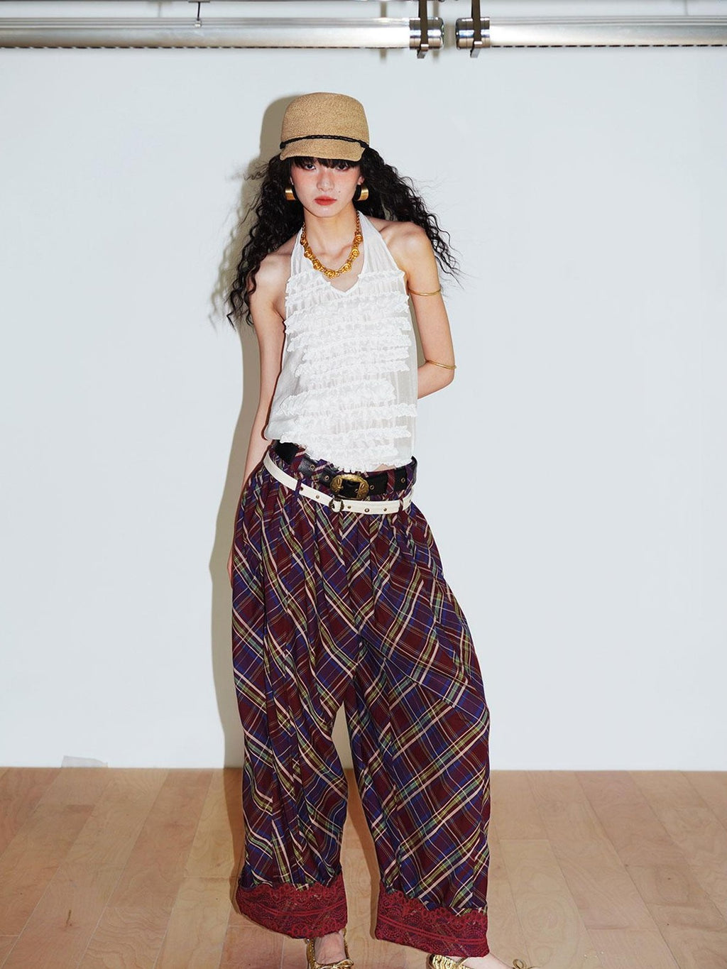 badtaste Plaid Vintage Balloon Cuffed Low Waist Women's Cotton Wide-leg Pants
