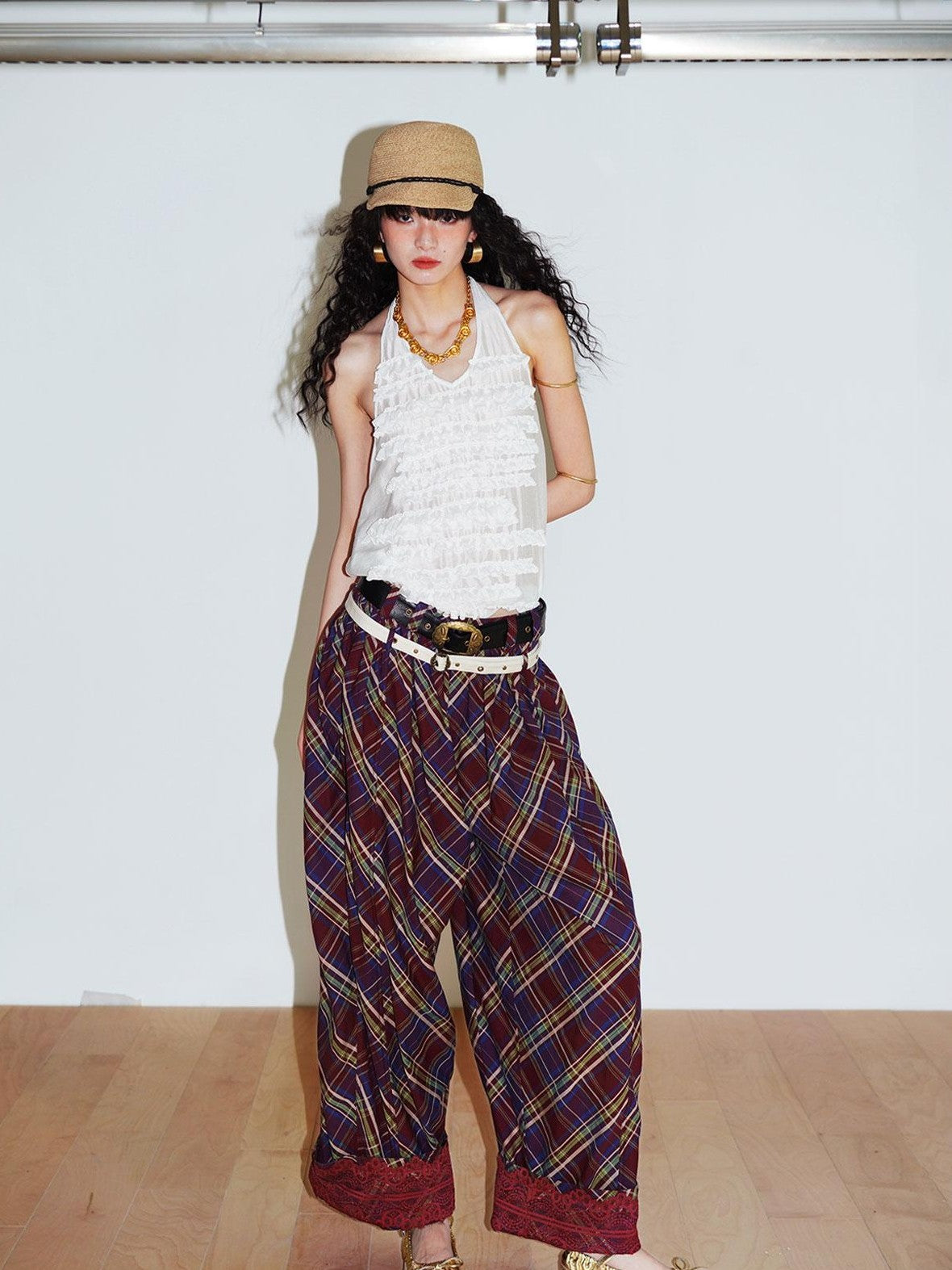 badtaste Plaid Vintage Balloon Cuffed Low Waist Women's Cotton Wide-leg Pants