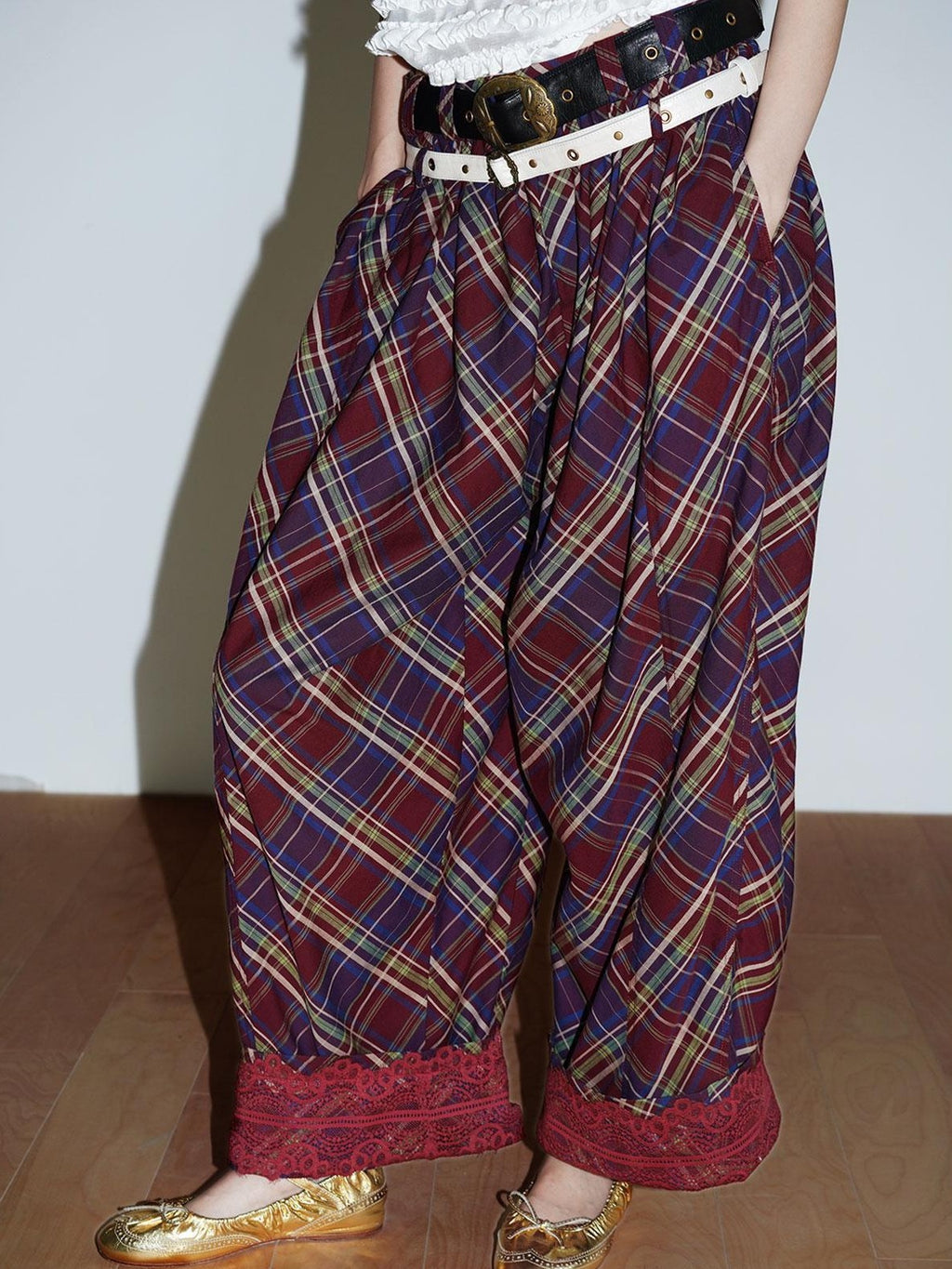 badtaste Plaid Vintage Balloon Cuffed Low Waist Women's Cotton Wide-leg Pants