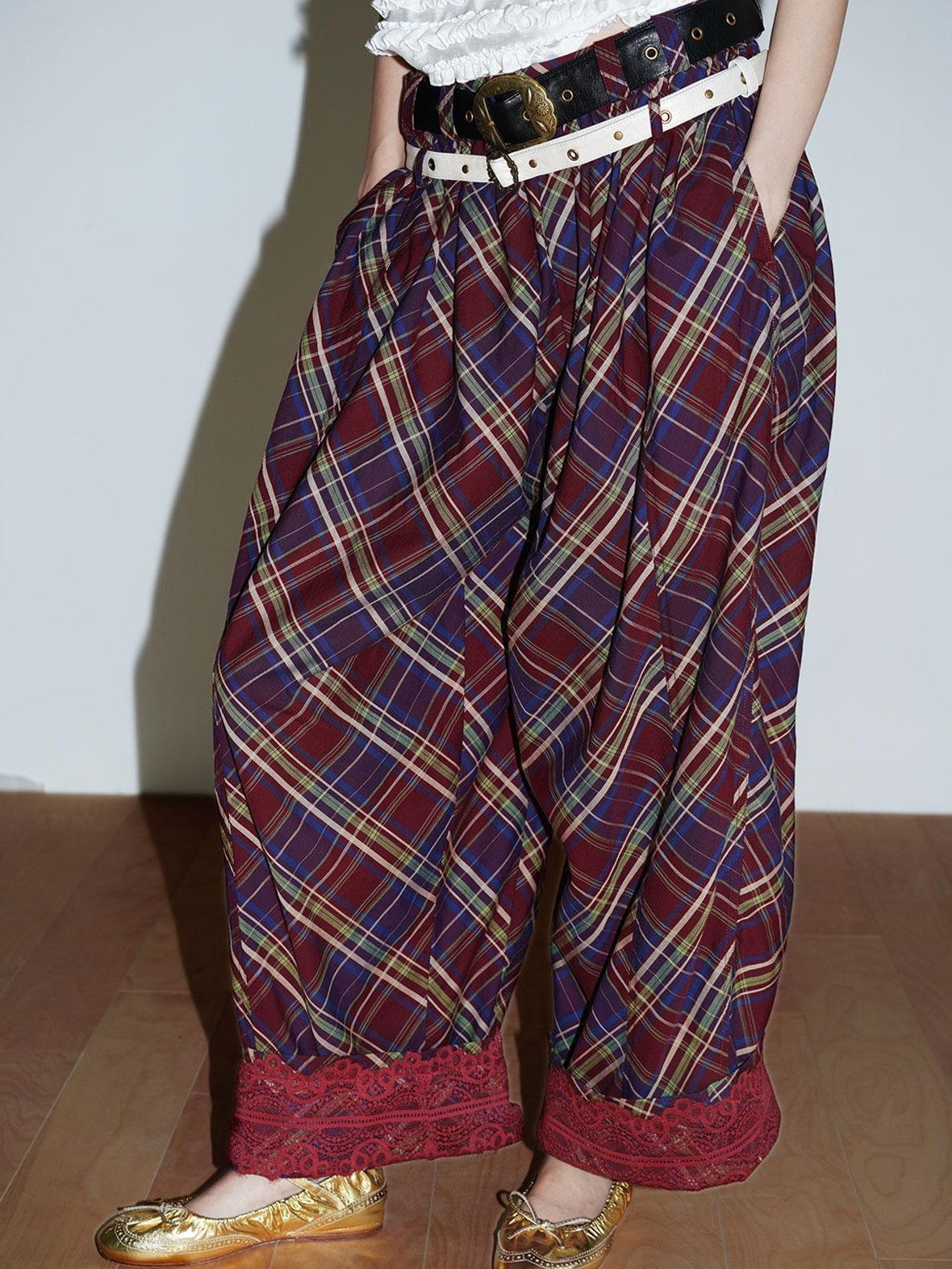 badtaste Plaid Vintage Balloon Cuffed Low Waist Women's Cotton Wide-leg Pants