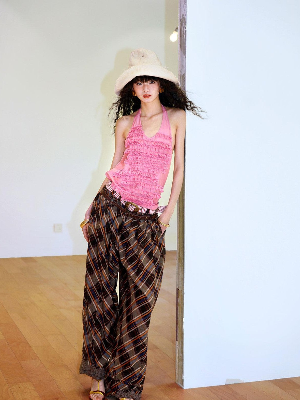 badtaste Plaid Vintage Balloon Cuffed Low Waist Women's Cotton Wide-leg Pants