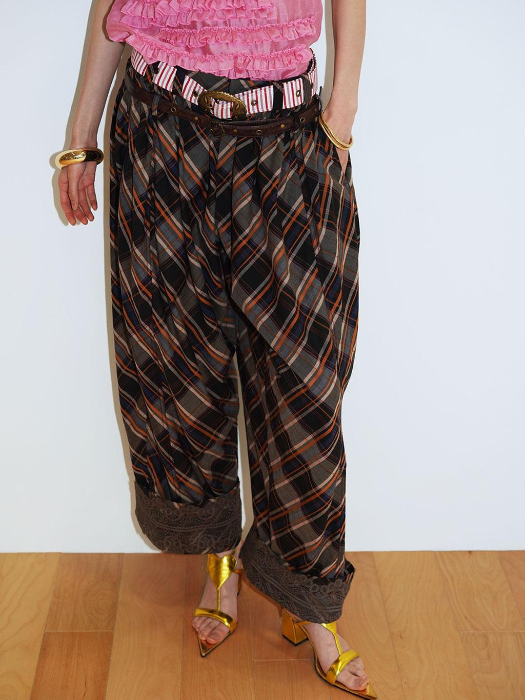 badtaste Plaid Vintage Balloon Cuffed Low Waist Women's Cotton Wide-leg Pants