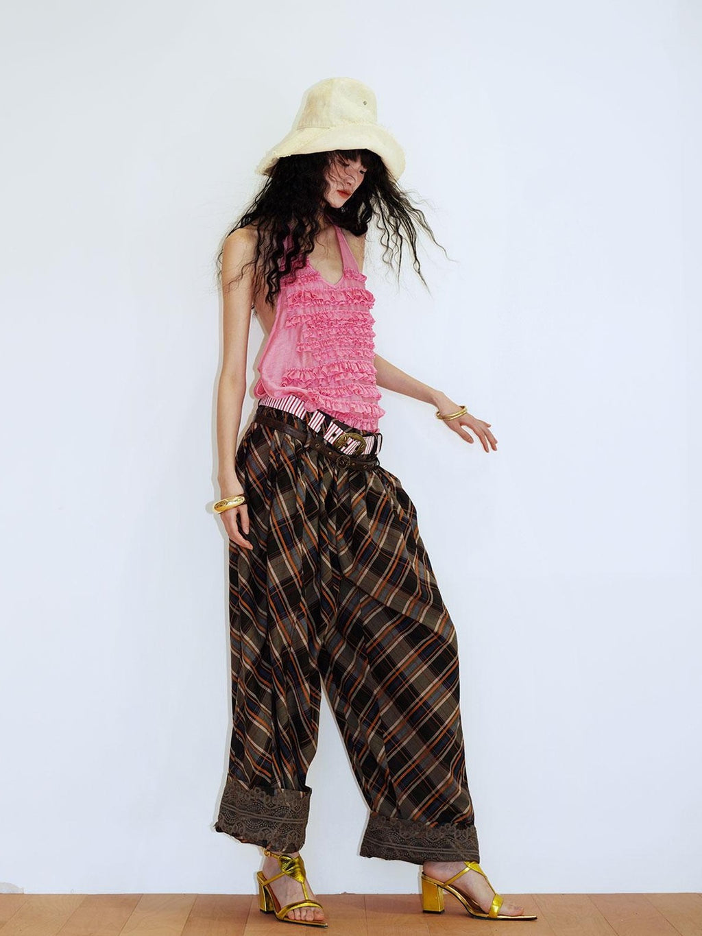 badtaste Plaid Vintage Balloon Cuffed Low Waist Women's Cotton Wide-leg Pants