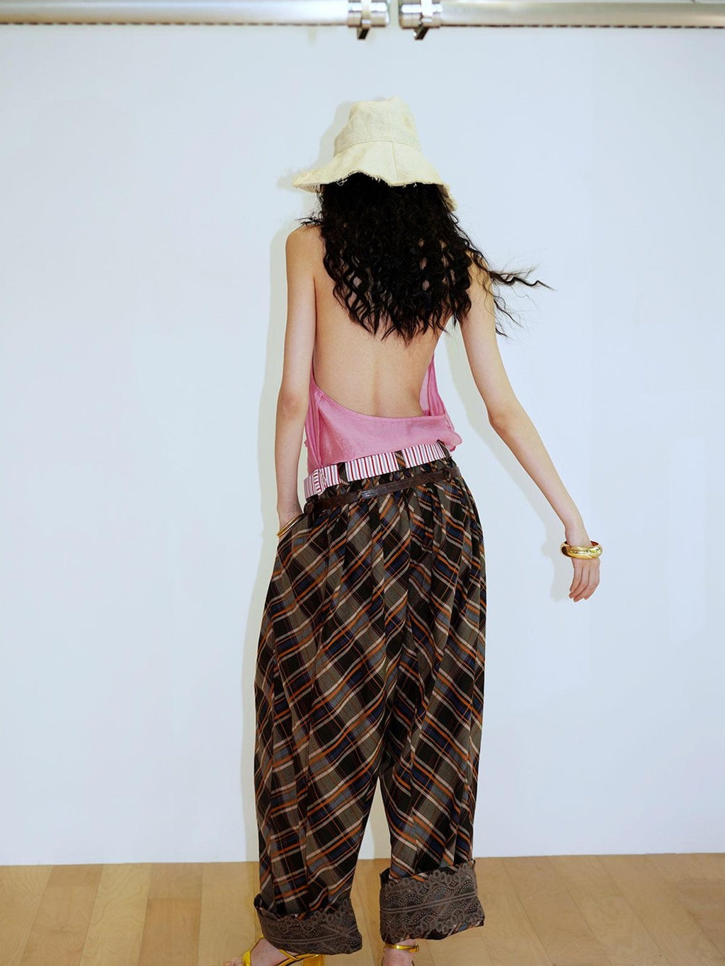 badtaste Plaid Vintage Balloon Cuffed Low Waist Women's Cotton Wide-leg Pants