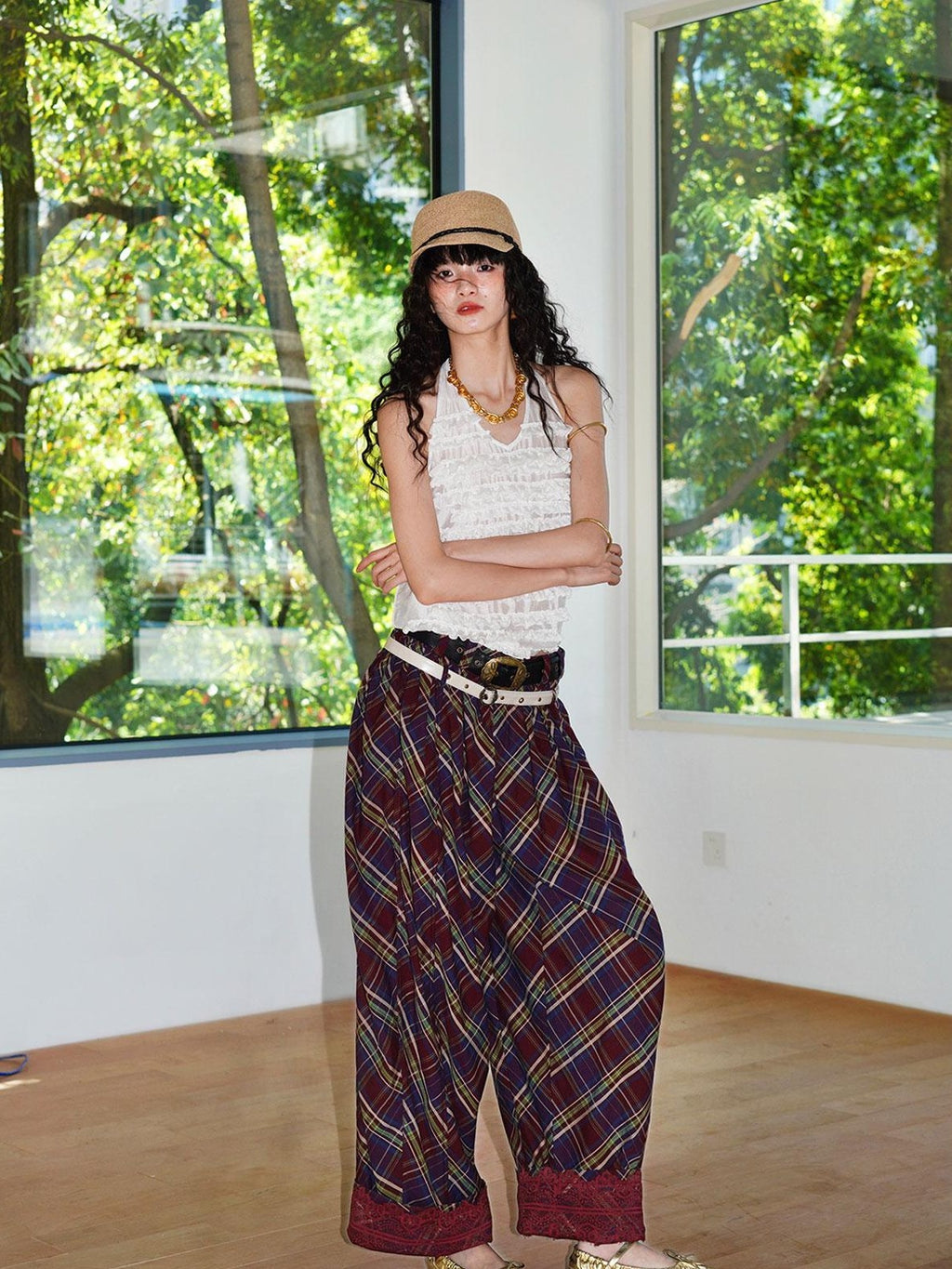 badtaste Plaid Vintage Balloon Cuffed Low Waist Women's Cotton Wide-leg Pants