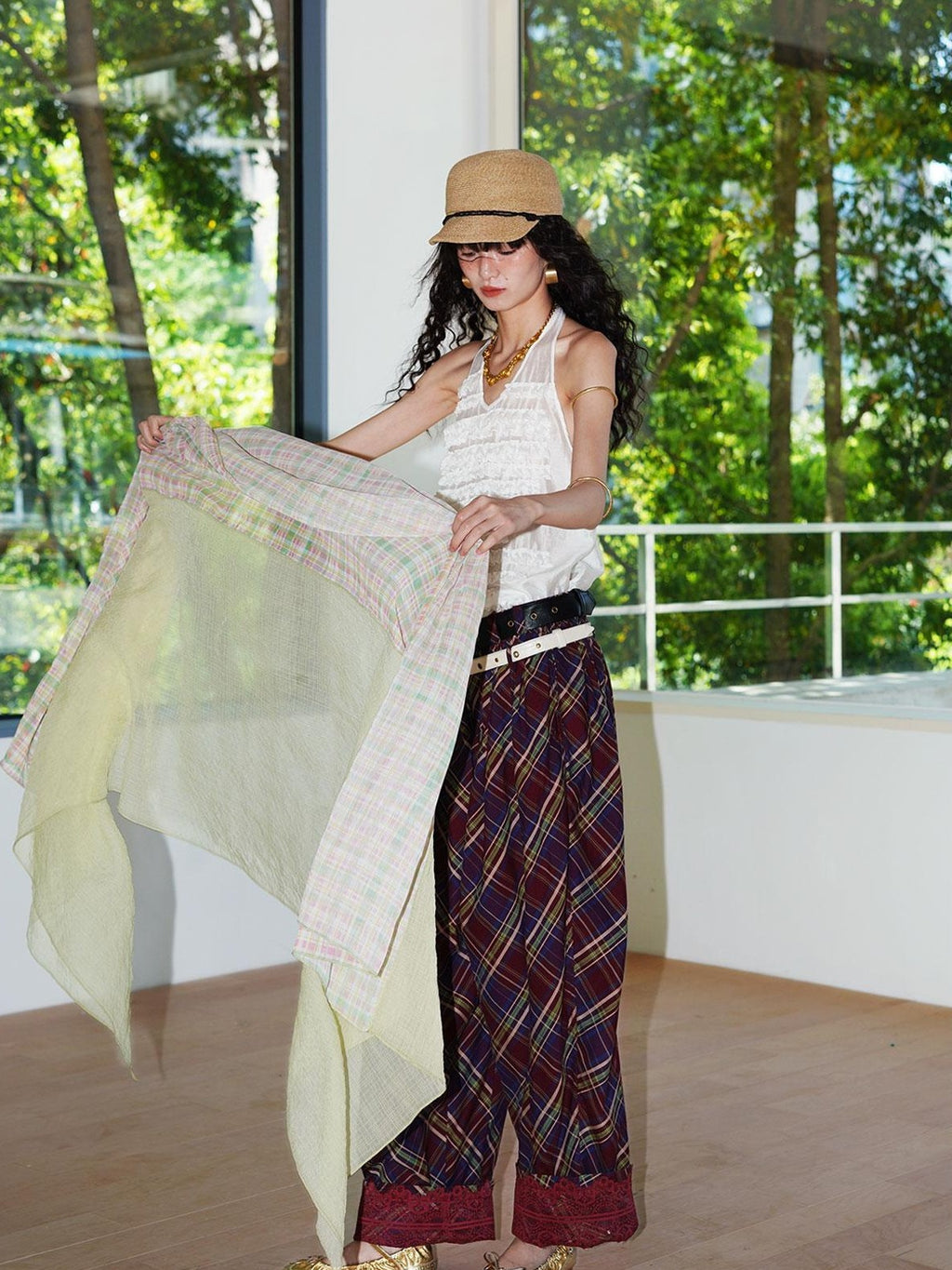 badtaste Plaid Vintage Balloon Cuffed Low Waist Women's Cotton Wide-leg Pants